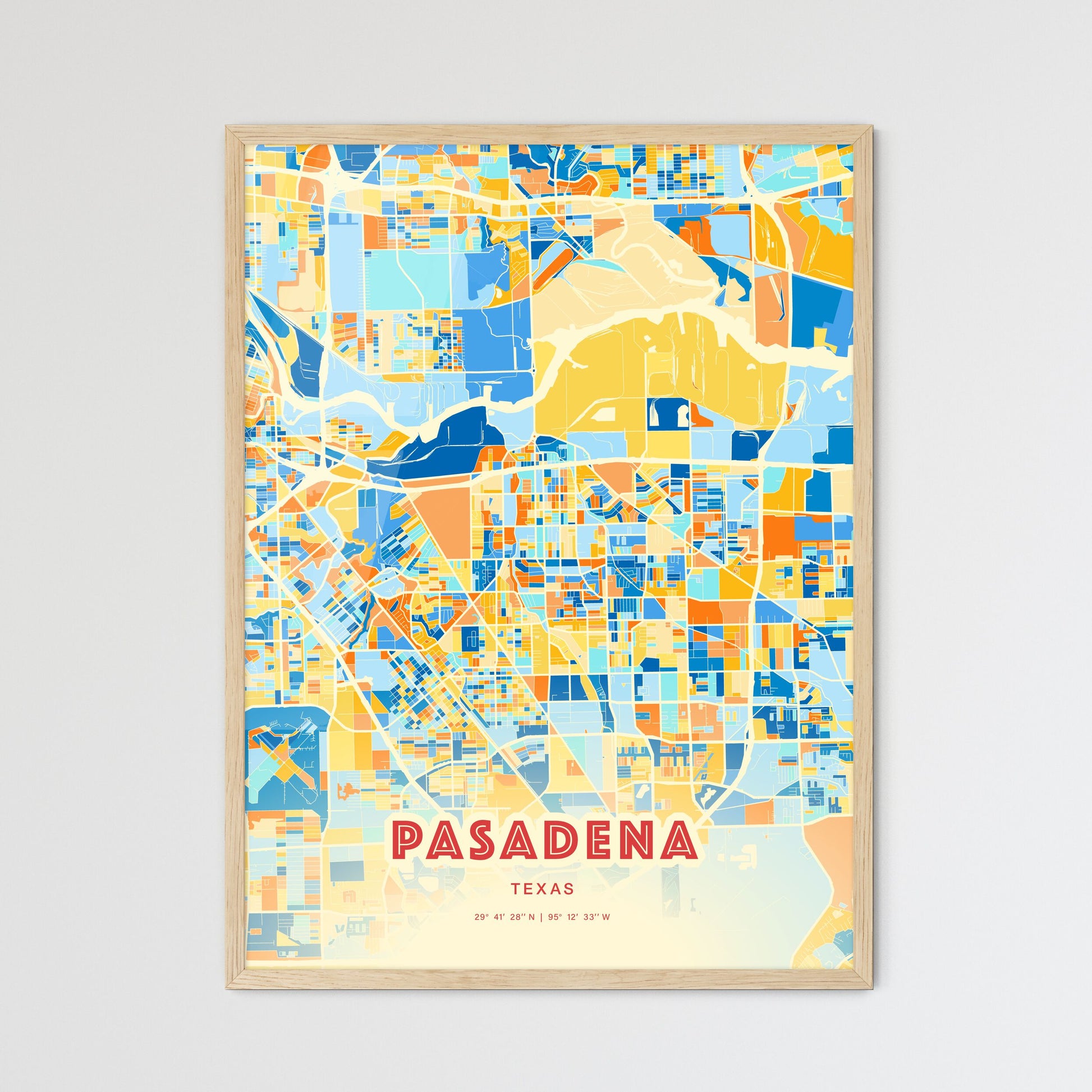 Colorful Pasadena Texas Fine Art Map Blue Orange
