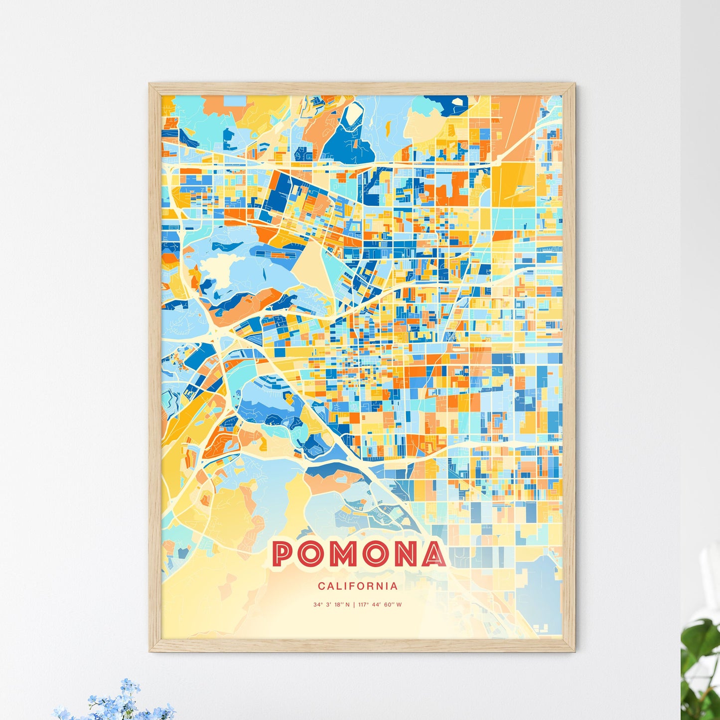 Colorful Pomona California Fine Art Map Blue Orange