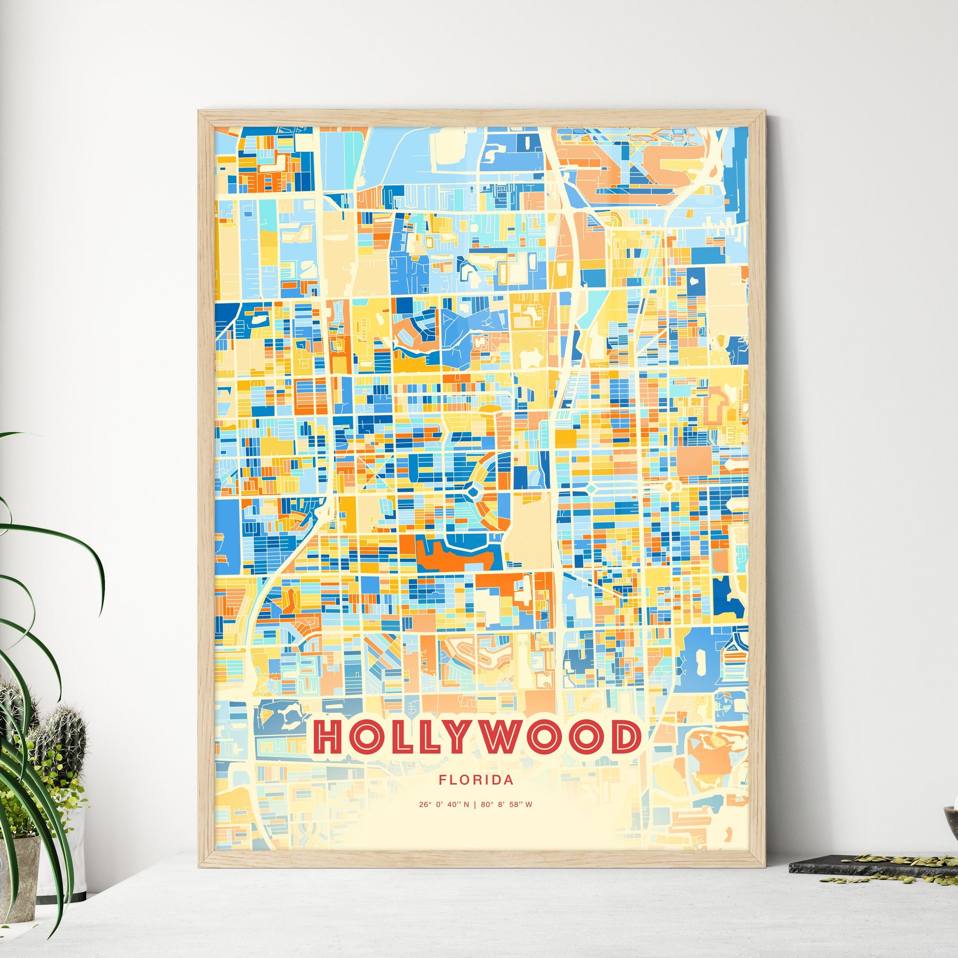 Colorful Hollywood Florida Fine Art Map Blue Orange