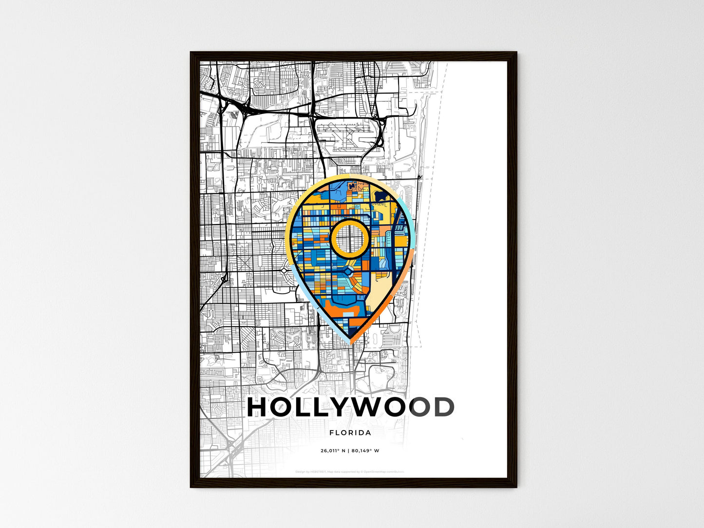 Hollywood Florida wedding art map with pointer icon