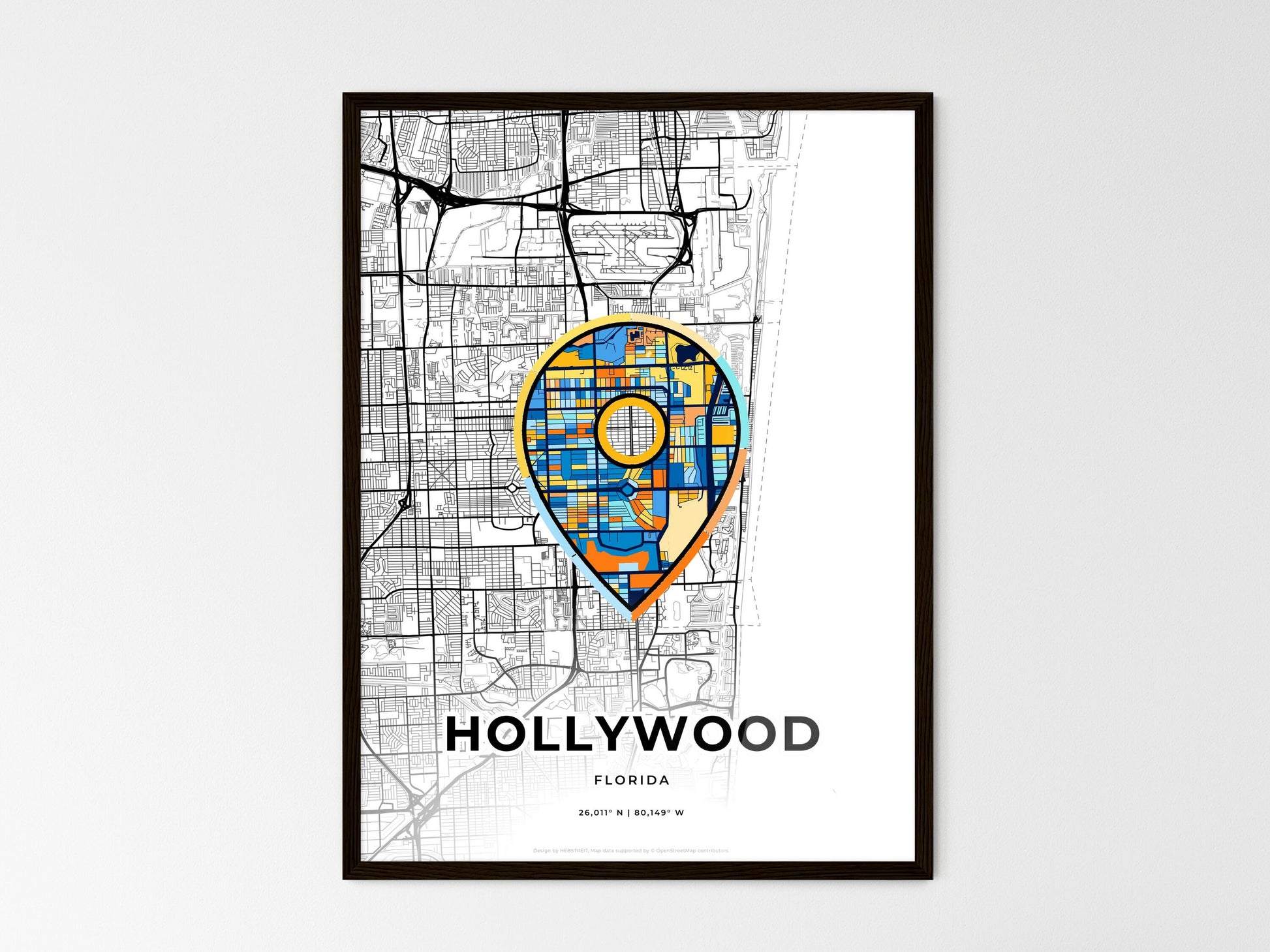 Hollywood Florida wedding art map with pointer icon