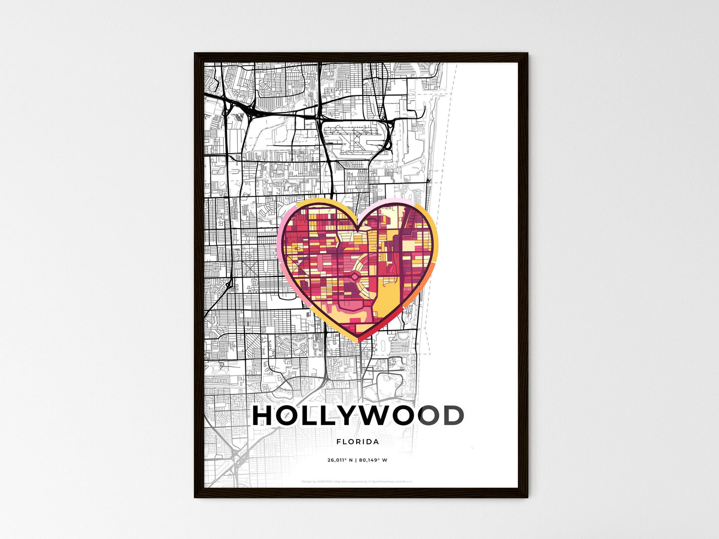 Hollywood Florida wedding art map with heart icon
