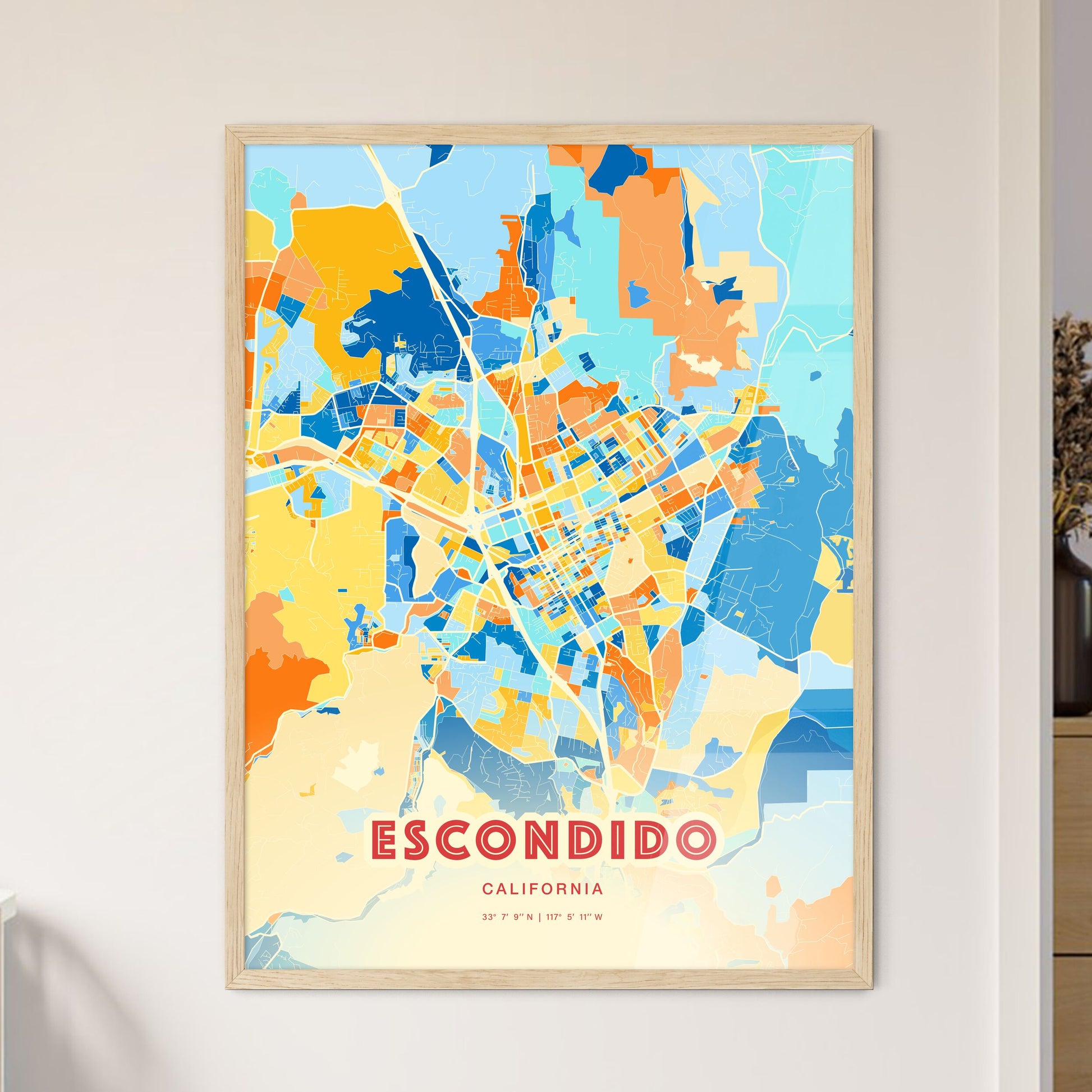 Colorful Escondido California Fine Art Map Blue Orange