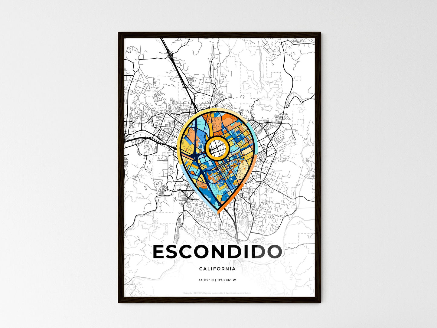 Escondido California wedding art map with pointer icon