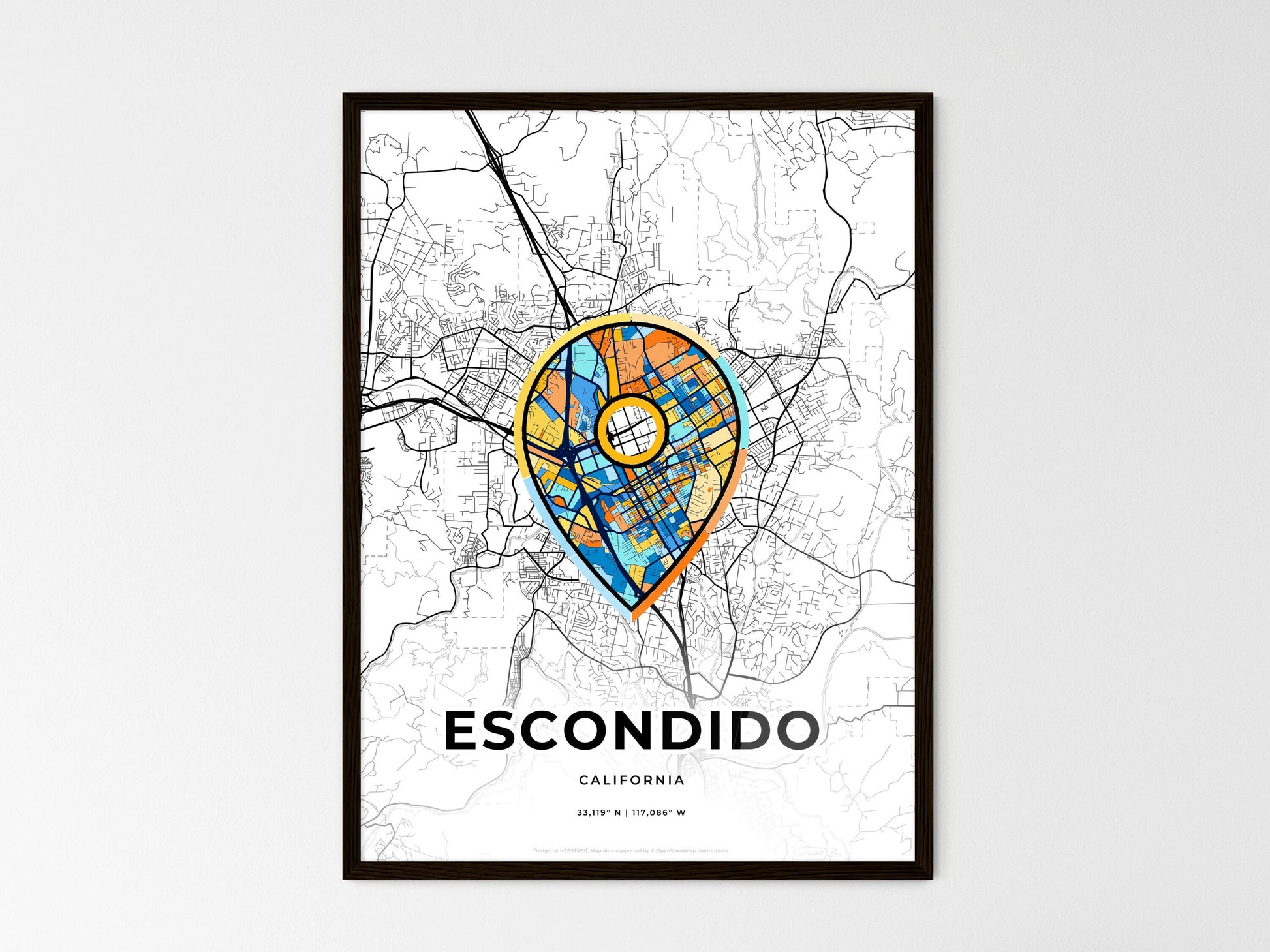 Escondido California wedding art map with pointer icon