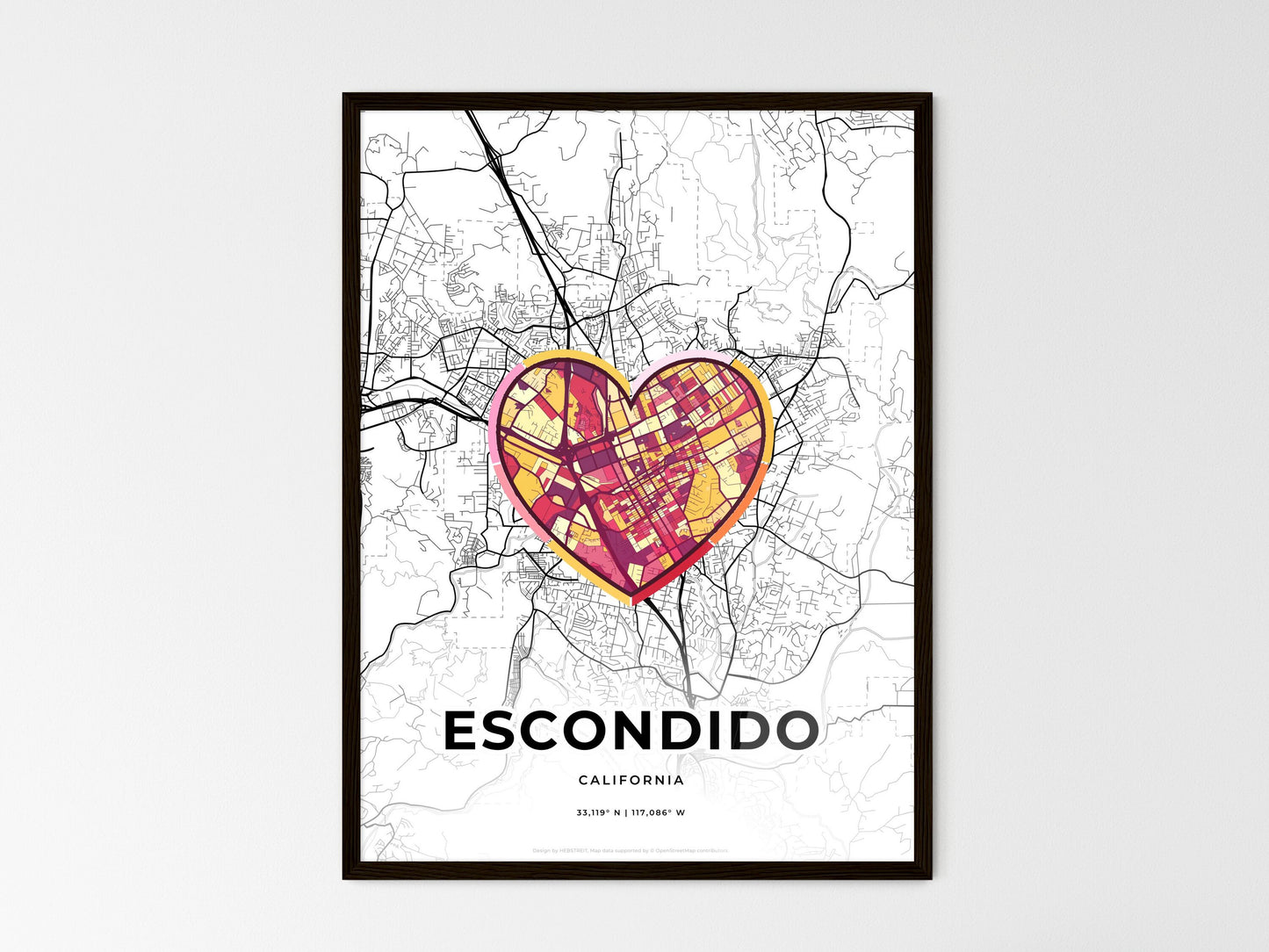 Escondido California wedding art map with heart icon