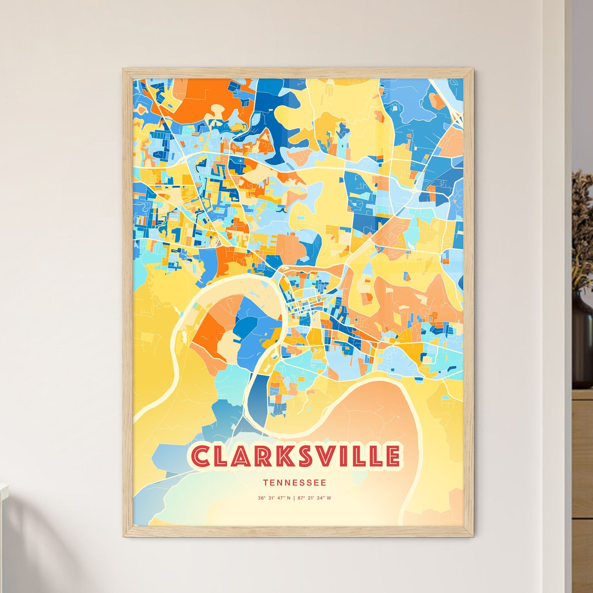 Colorful Clarksville Tennessee Fine Art Map Blue Orange