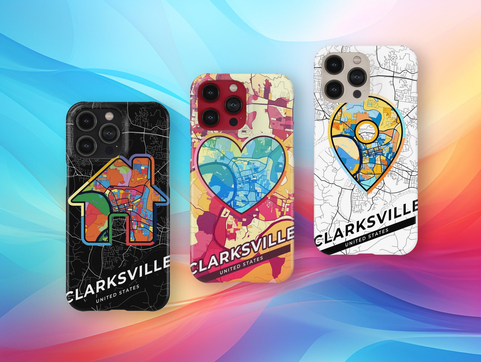 Clarksville Tennessee slim phone case with colorful icon. Birthday, wedding or housewarming gift. Couple match cases.