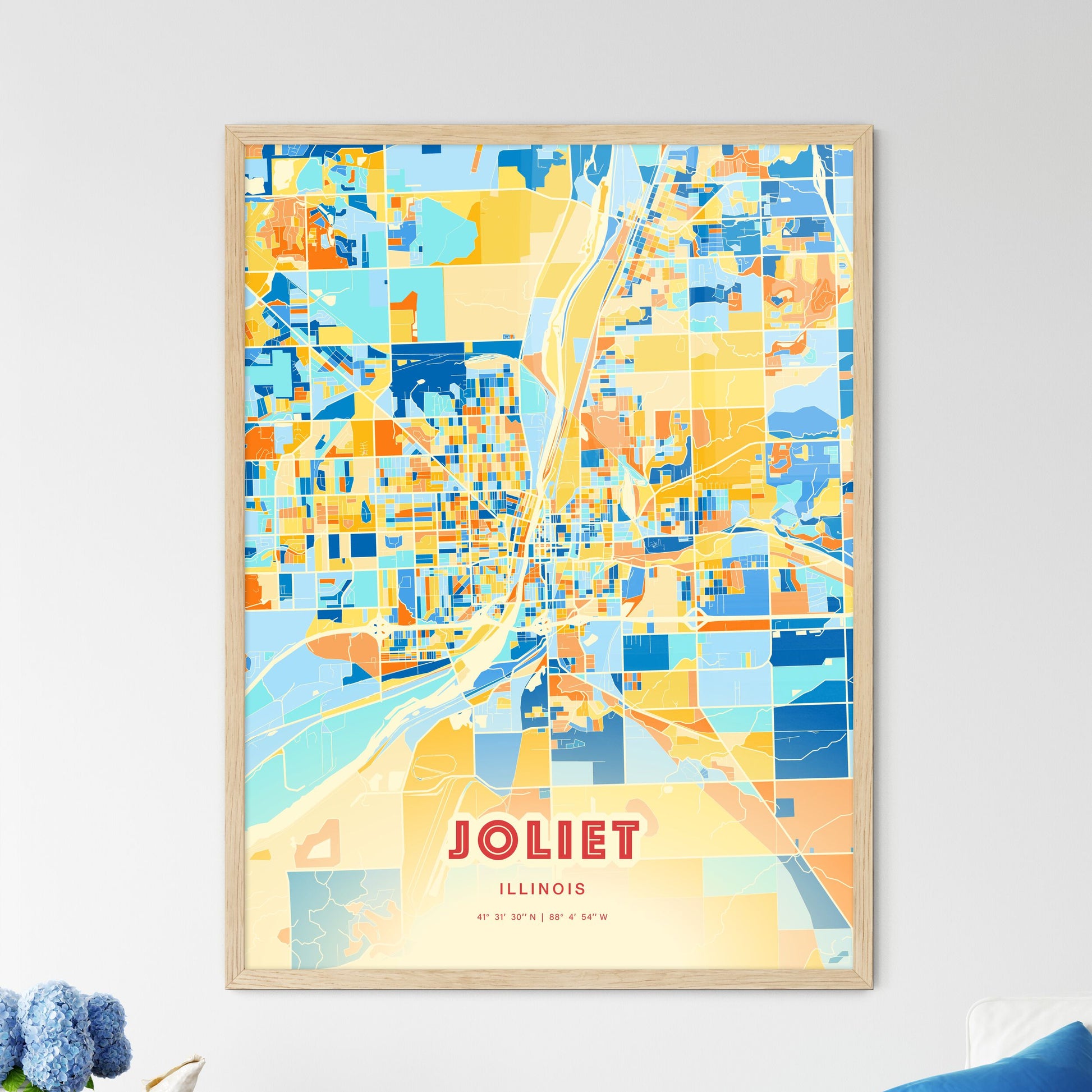 Colorful Joliet Illinois Fine Art Map Blue Orange