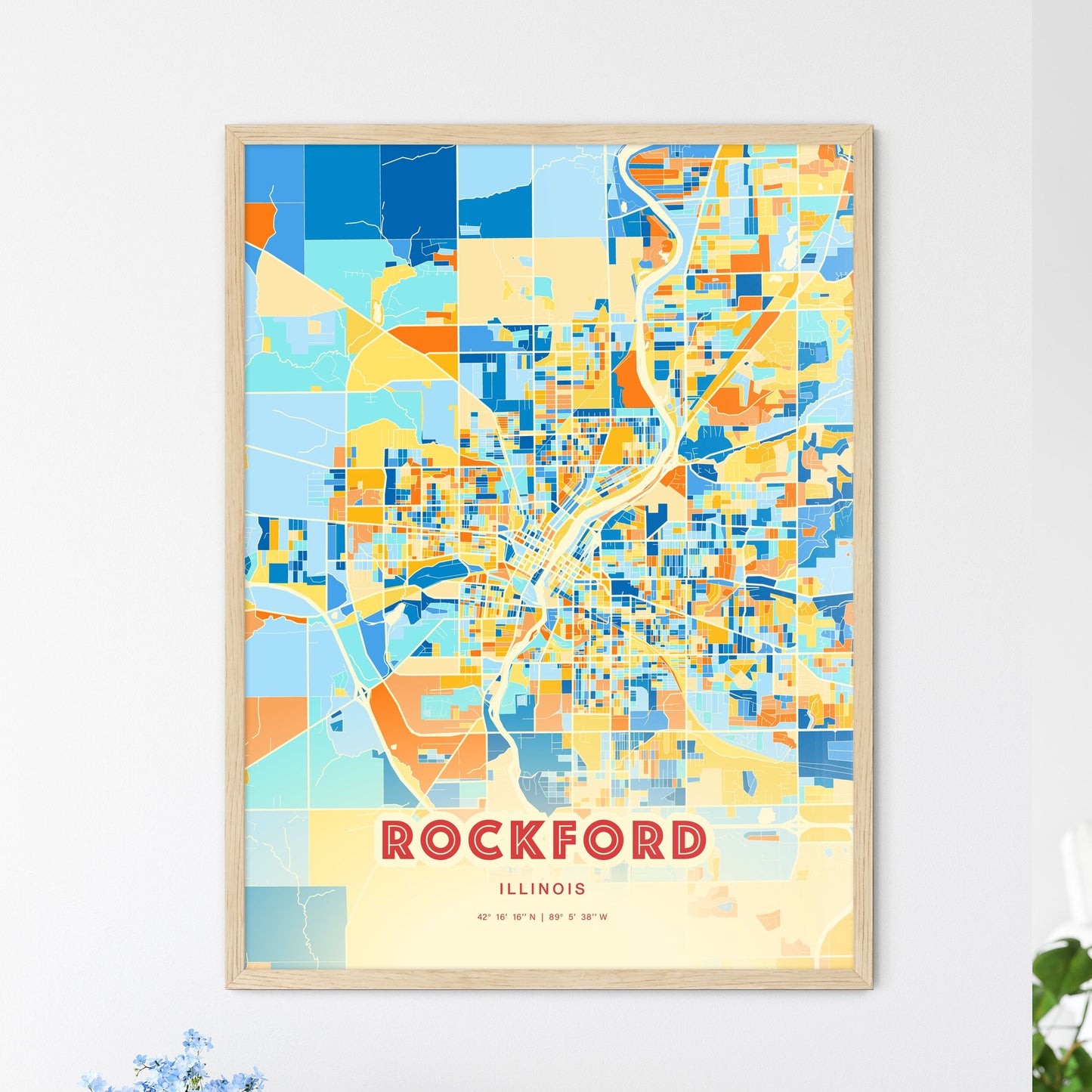 Colorful Rockford Illinois Fine Art Map Blue Orange