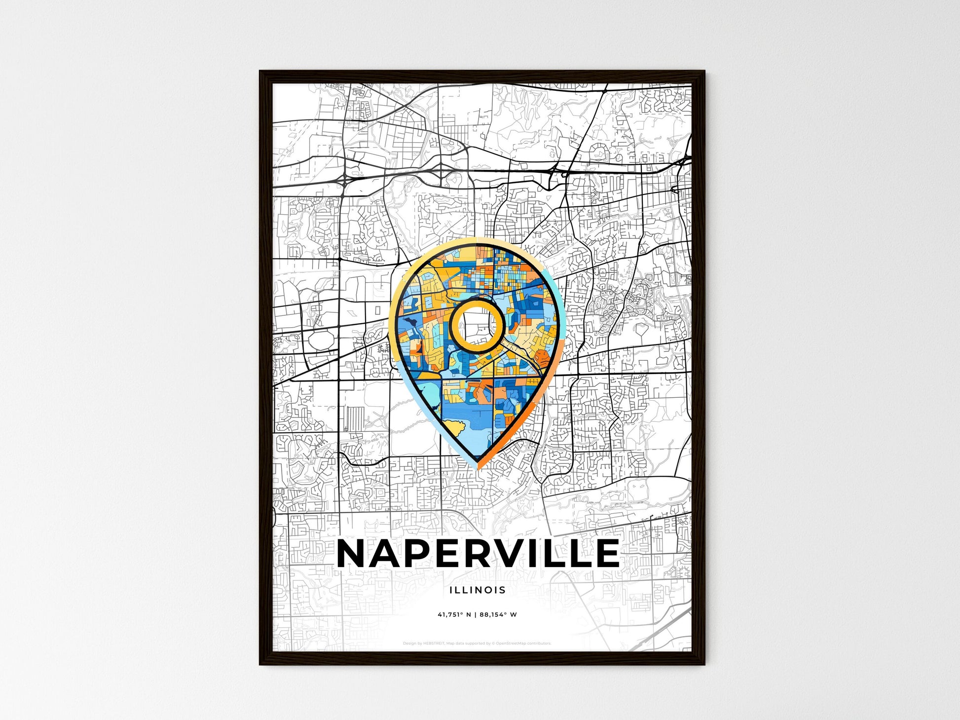 Naperville Illinois wedding art map with pointer icon