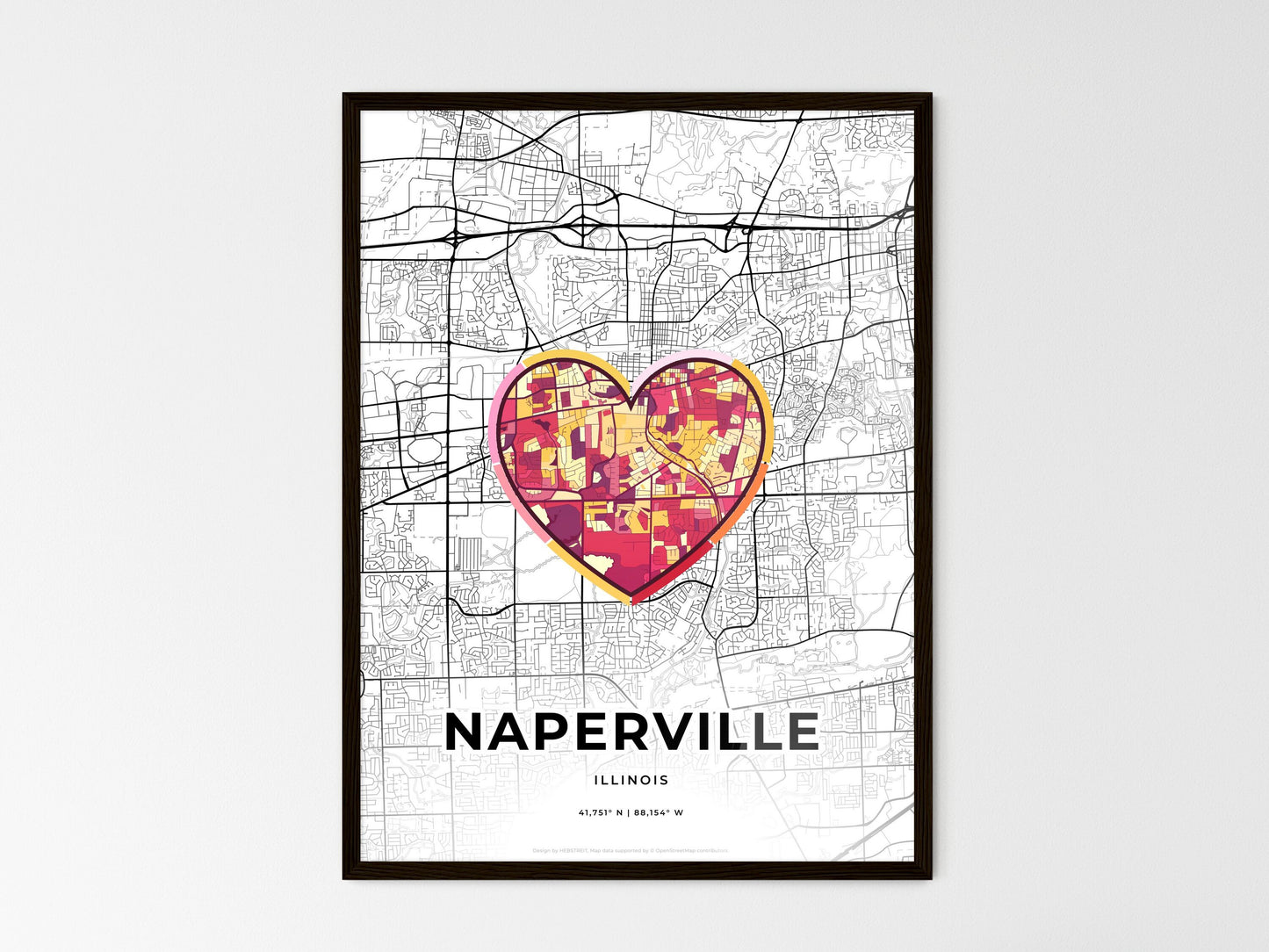 Naperville Illinois wedding art map with heart icon