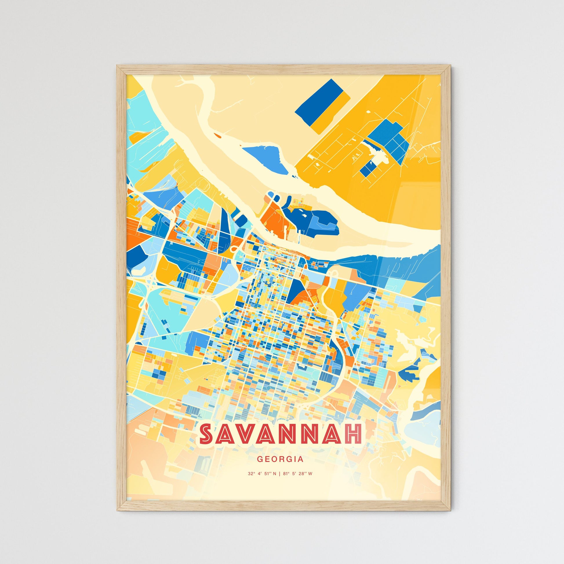 Colorful Savannah Georgia Fine Art Map Blue Orange