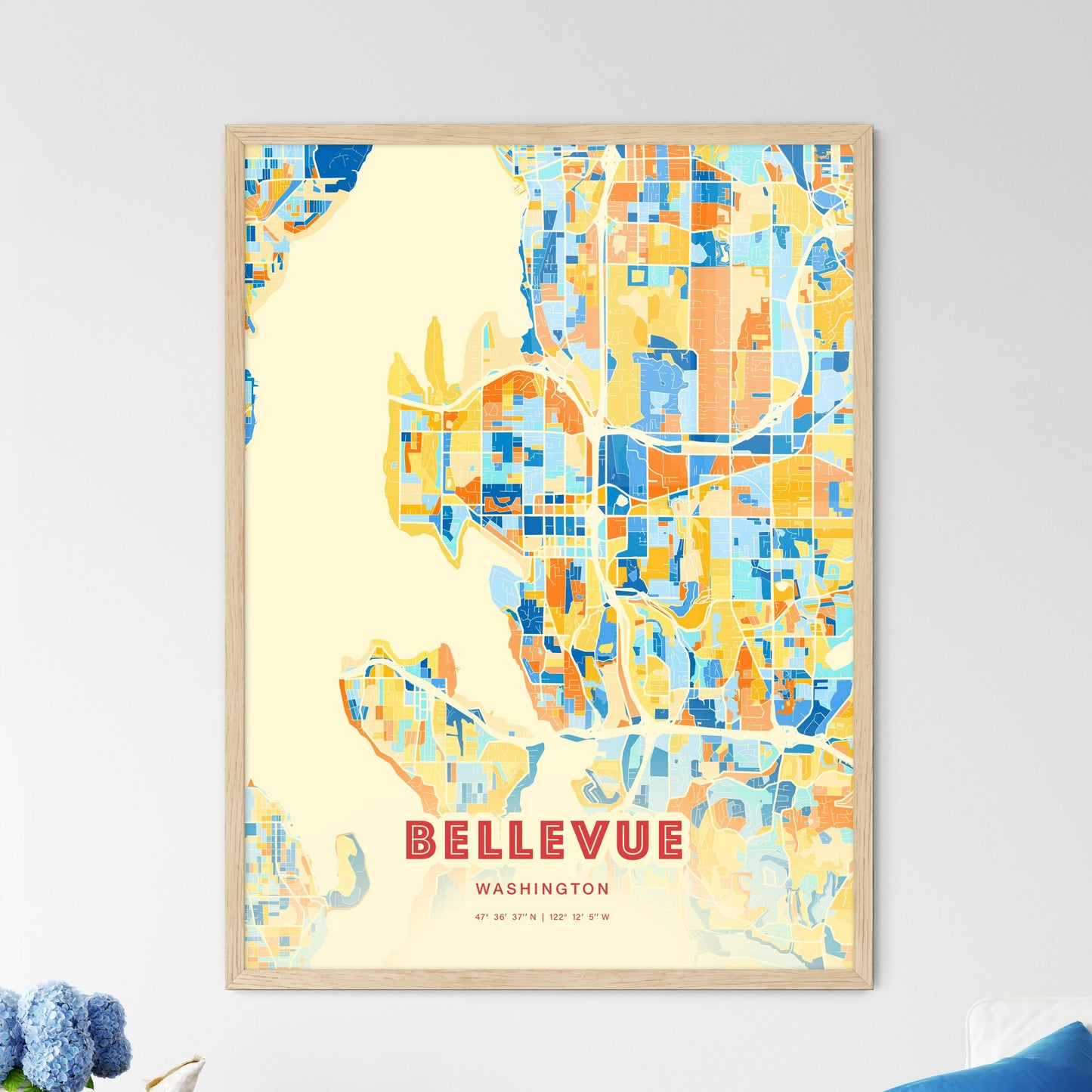 Colorful Bellevue Washington Fine Art Map Blue Orange