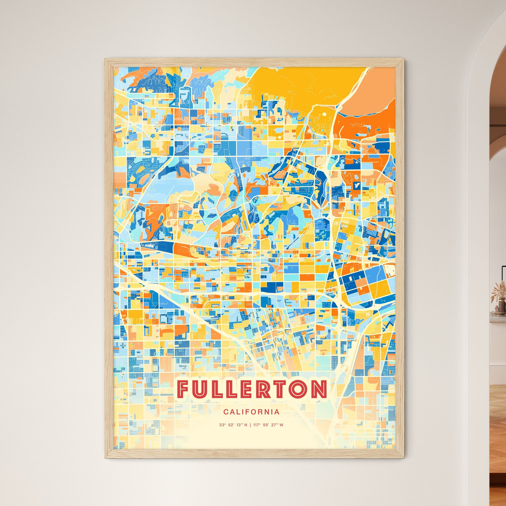 Colorful Fullerton California Fine Art Map Blue Orange