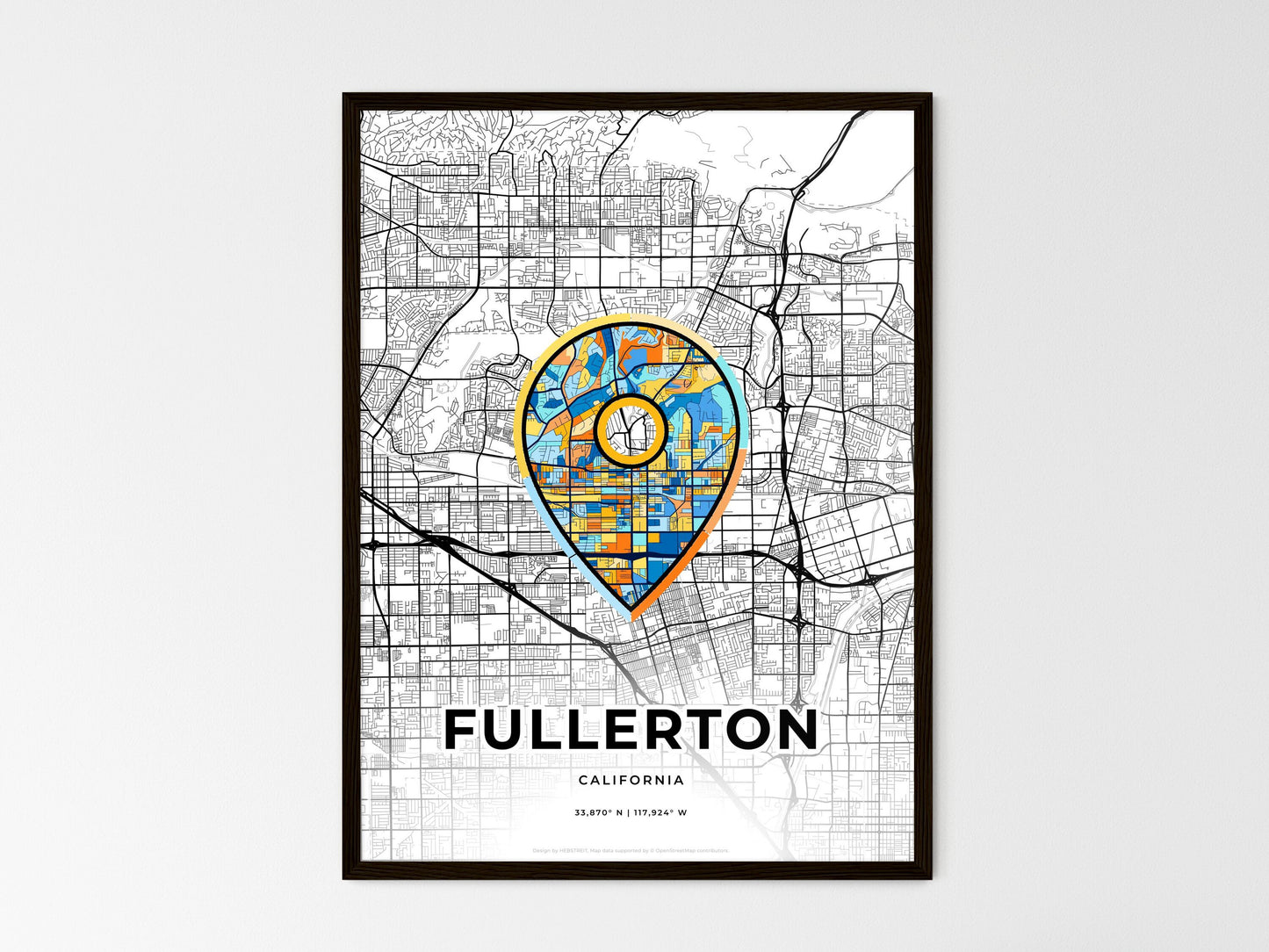 Fullerton California wedding art map with pointer icon