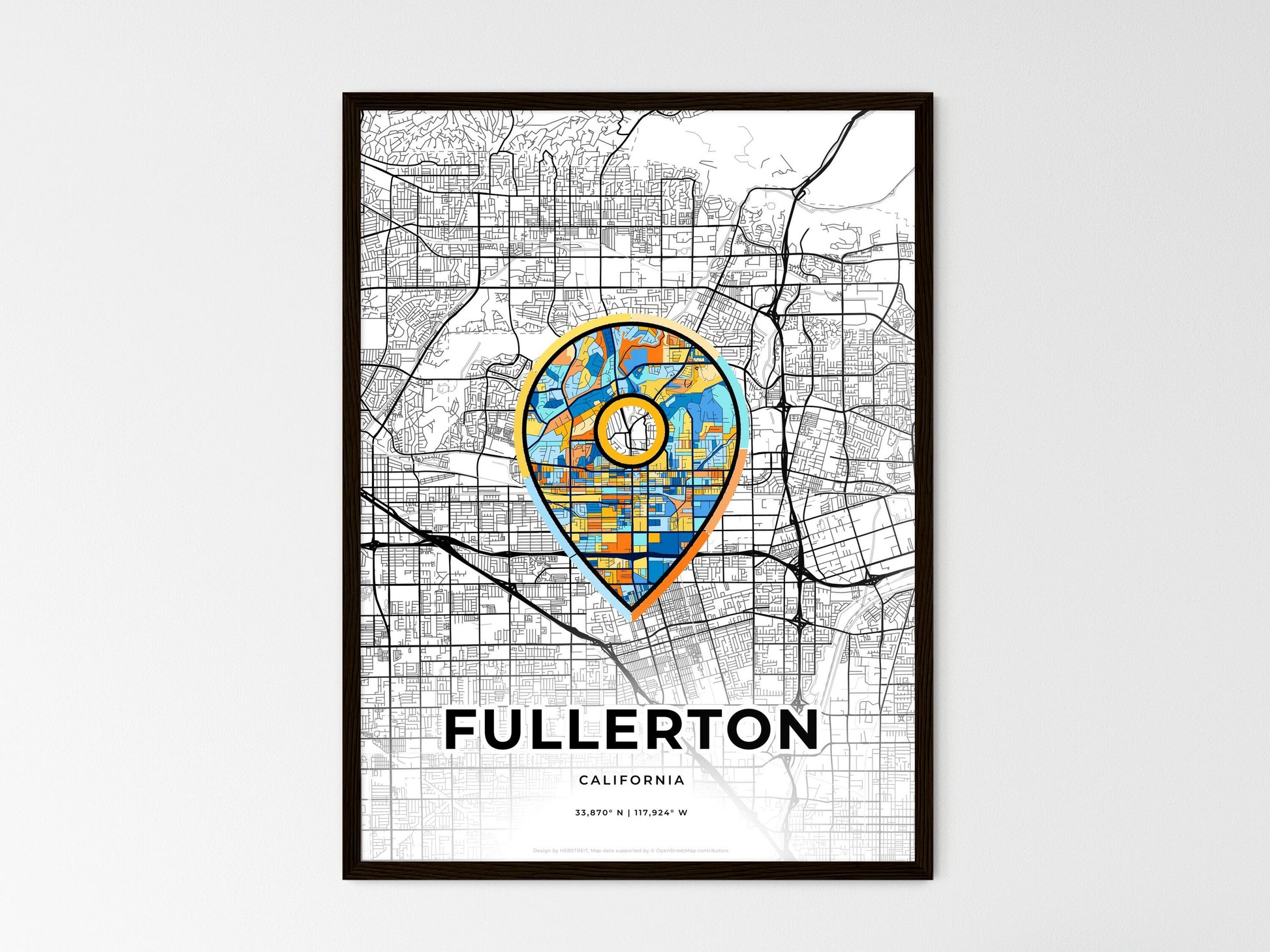 Fullerton California wedding art map with pointer icon