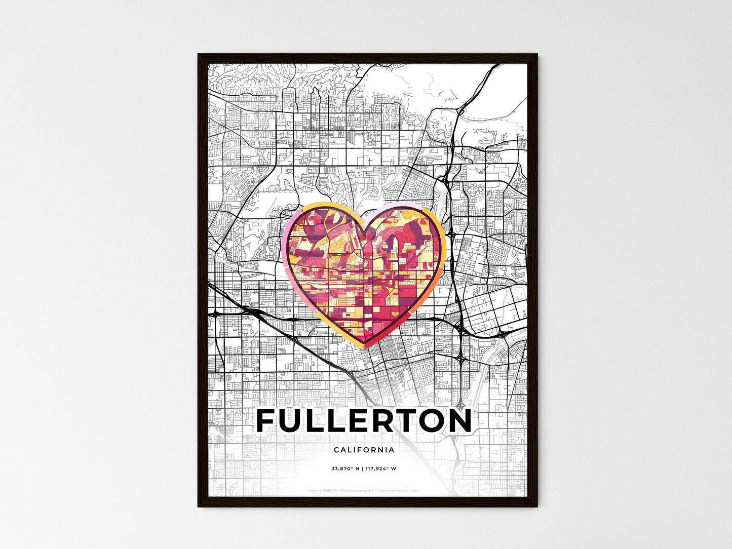 Fullerton California wedding art map with heart icon