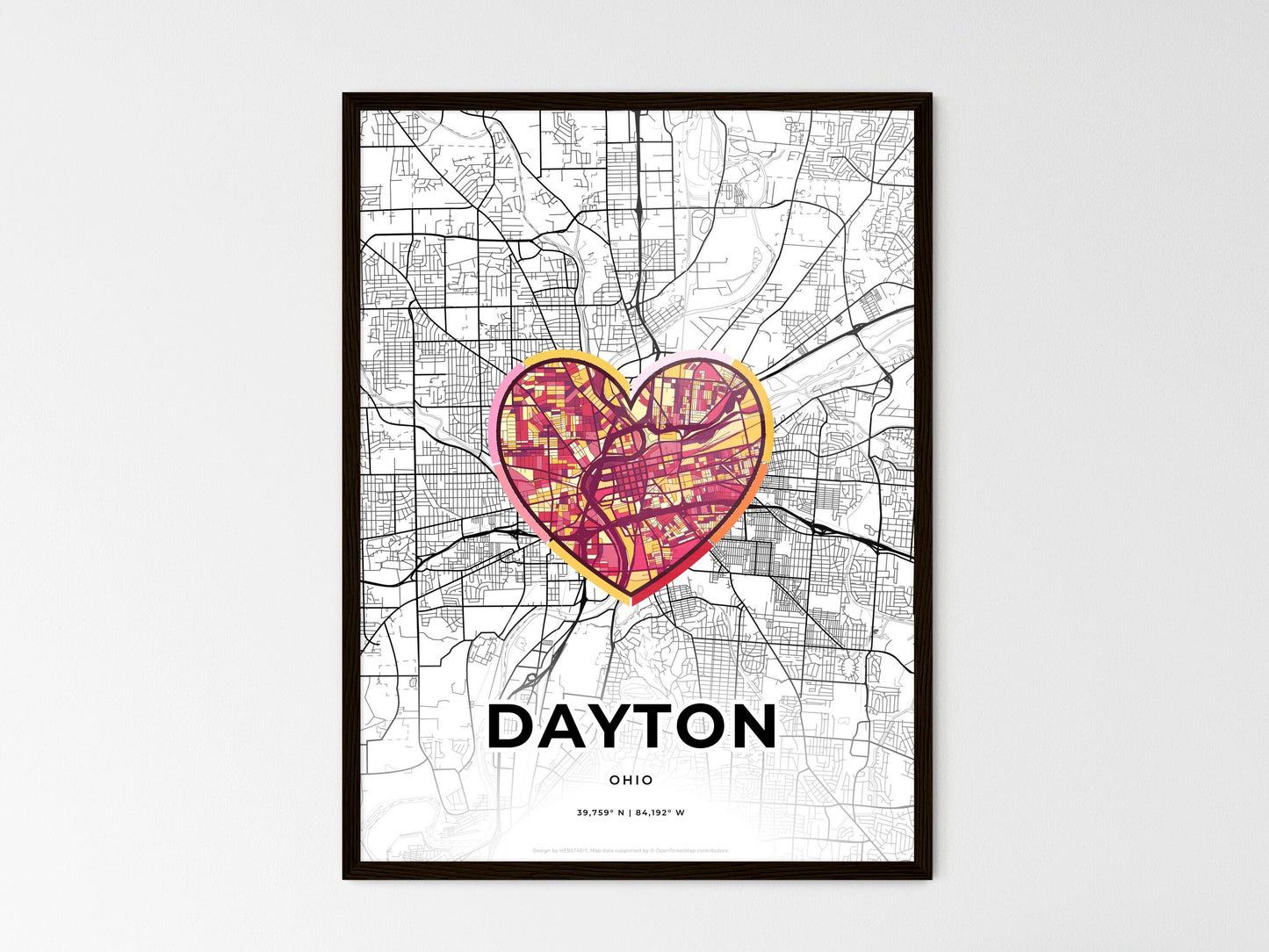Dayton Ohio wedding art map with heart icon