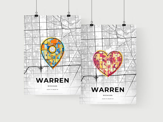 WARREN MICHIGAN minimal art map with a colorful icon. Where it all began, Couple map gift.