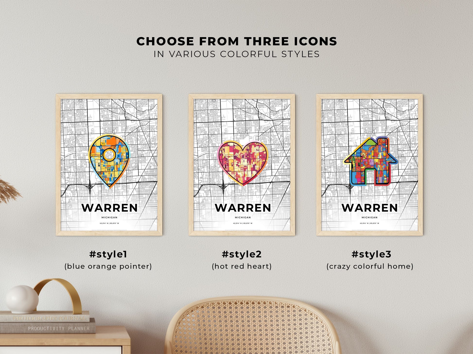 Warren Michigan maps with colorful icons