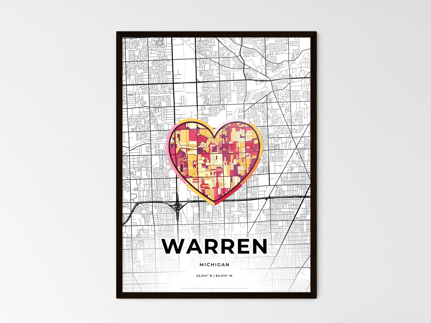 Warren Michigan wedding art map with heart icon
