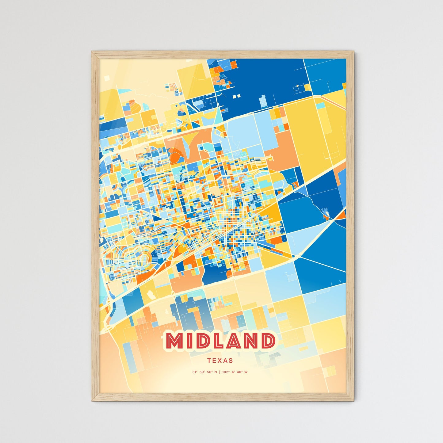 Colorful Midland Texas Fine Art Map Blue Orange
