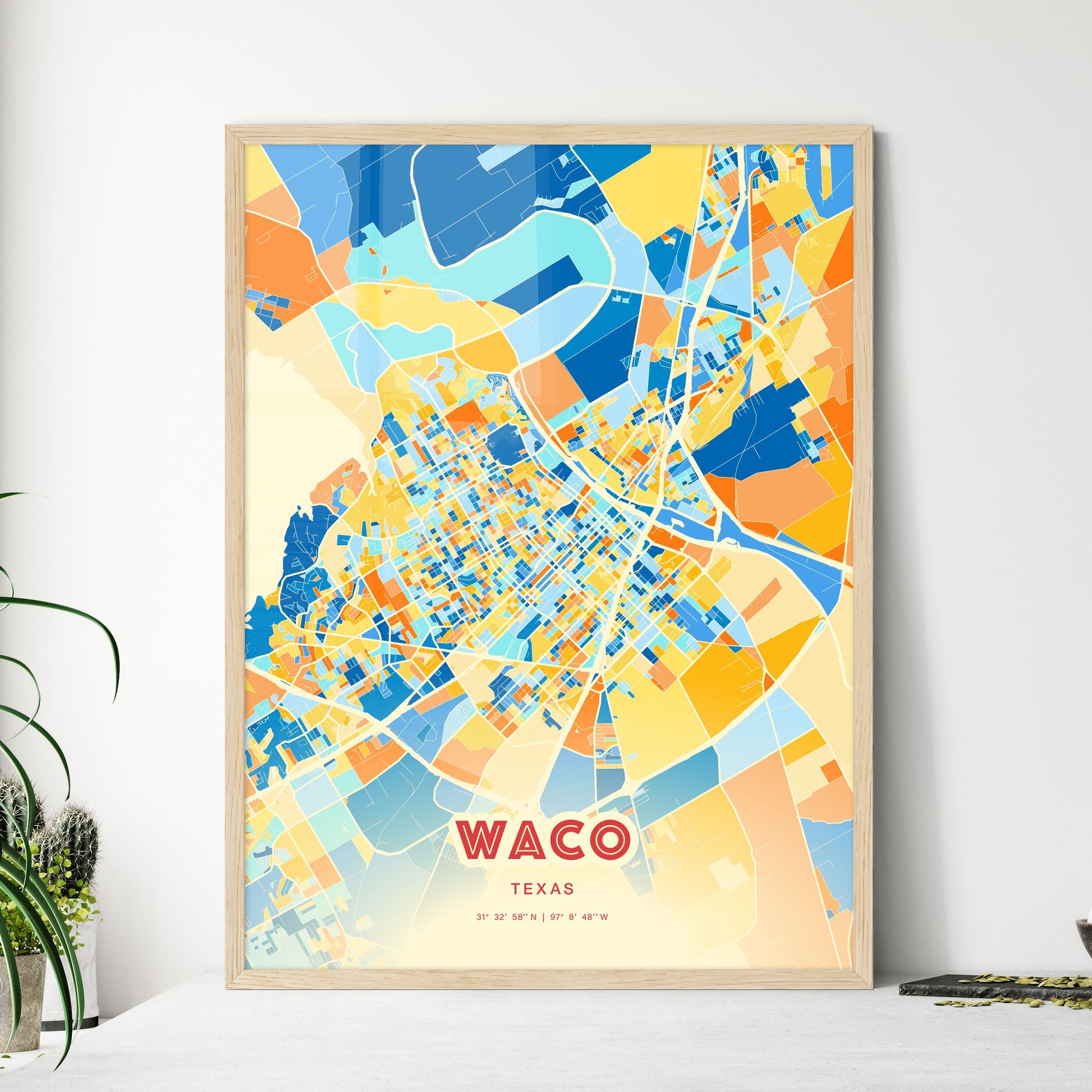 Colorful Waco Texas Fine Art Map Blue Orange