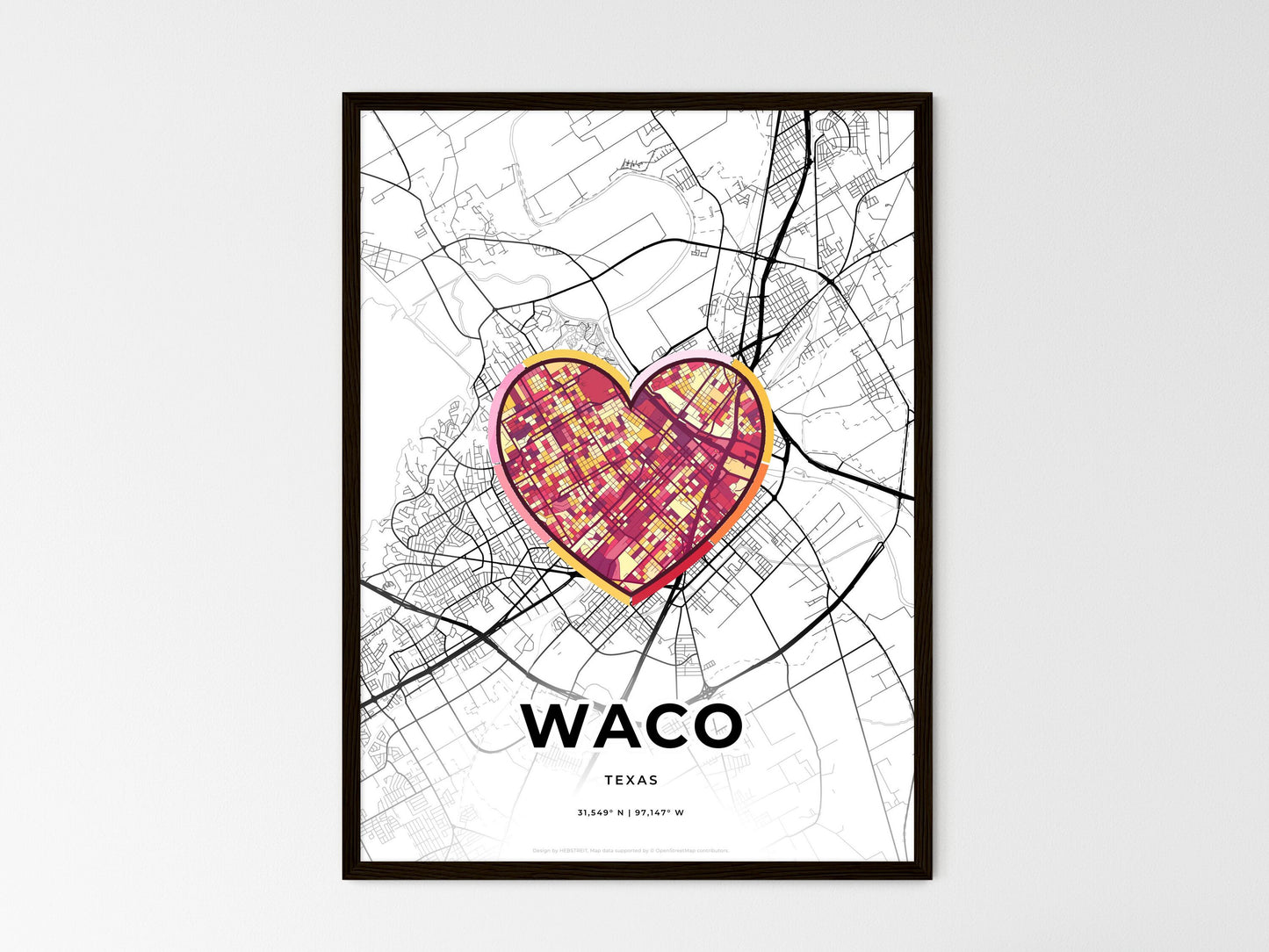 Waco Texas wedding art map with heart icon