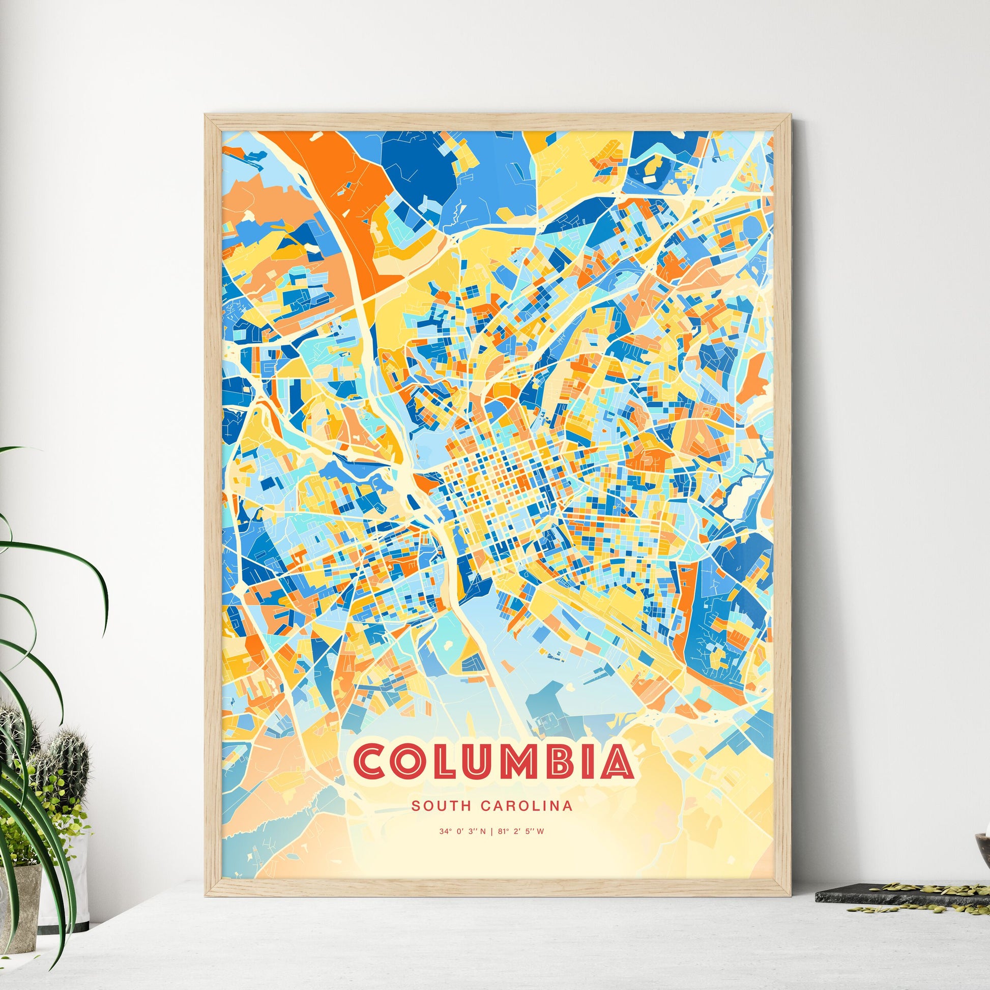 Colorful Columbia South Carolina Fine Art Map Blue Orange