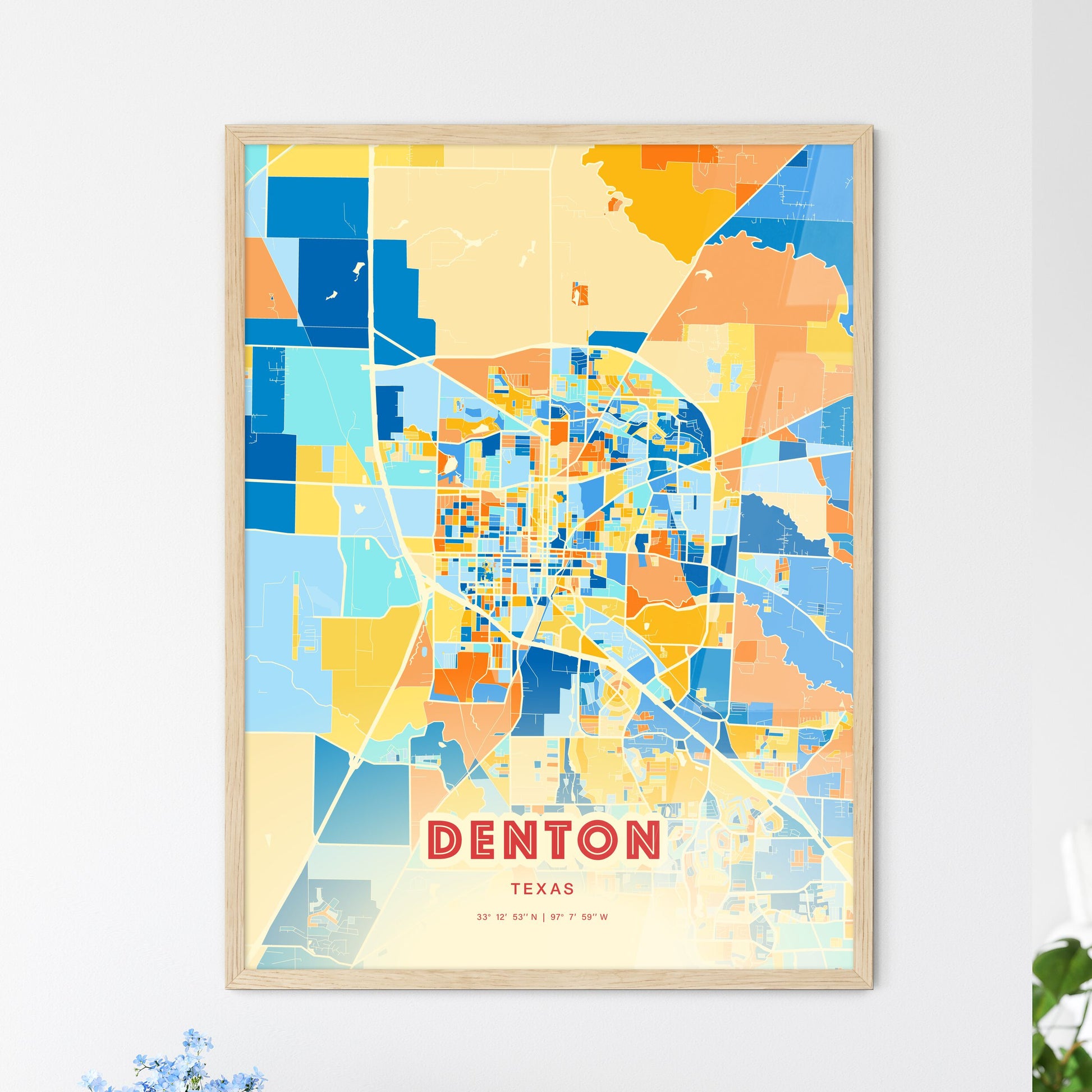 Colorful Denton Texas Fine Art Map Blue Orange
