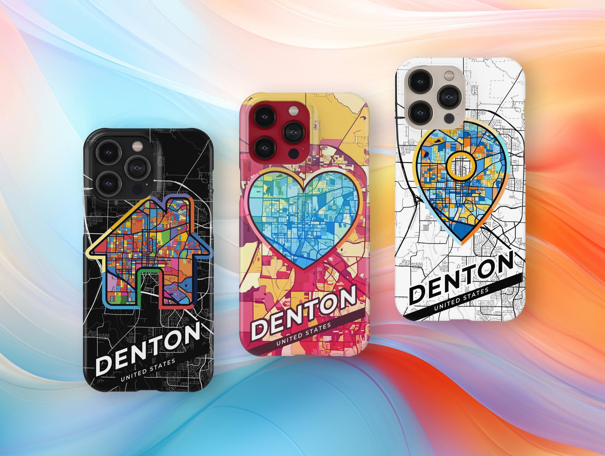 Denton Texas slim phone case with colorful icon. Birthday, wedding or housewarming gift. Couple match cases.