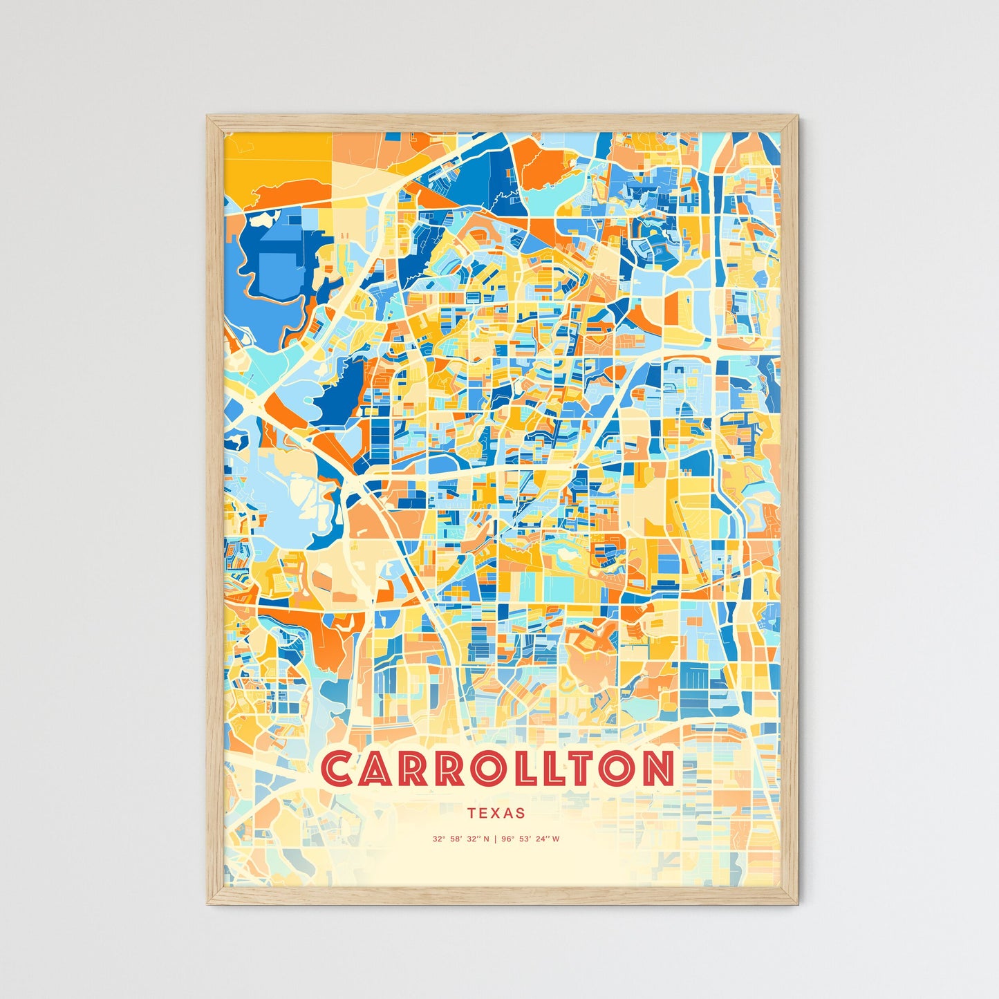 Colorful Carrollton Texas Fine Art Map Blue Orange
