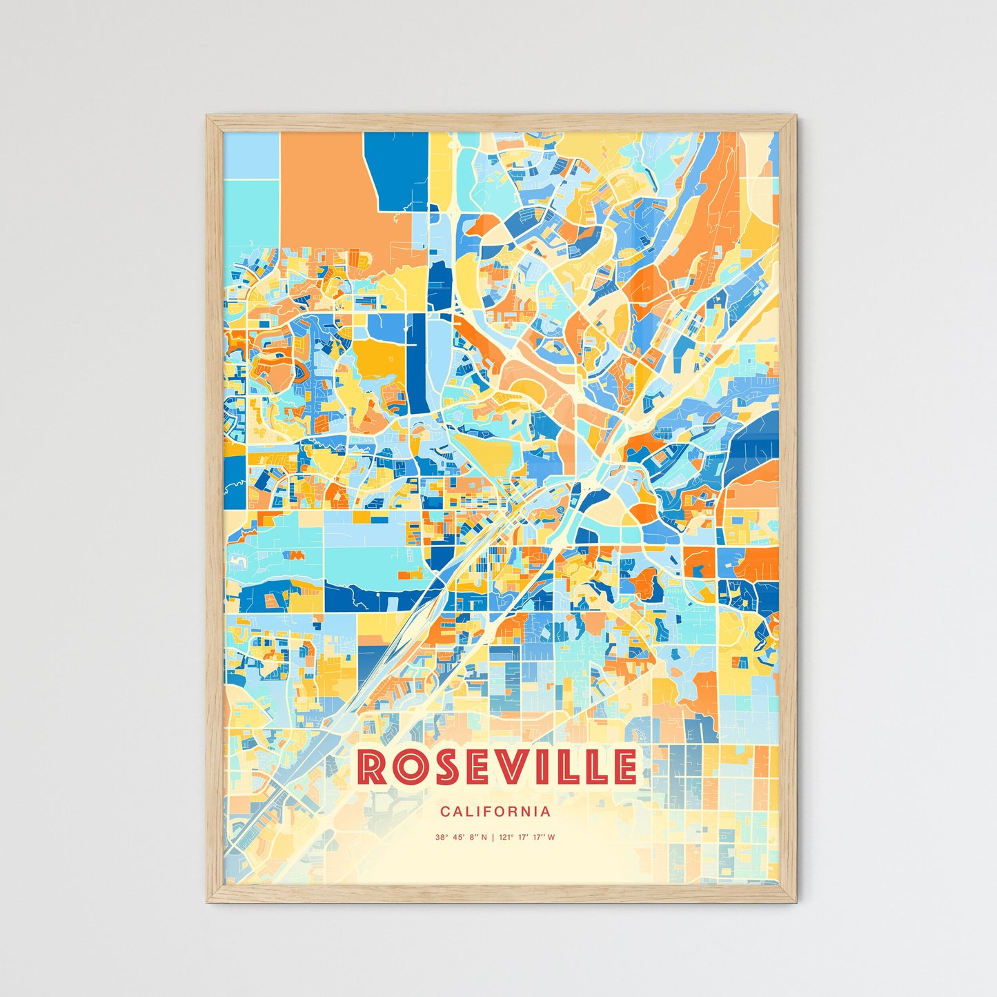 Colorful Roseville California Fine Art Map Blue Orange