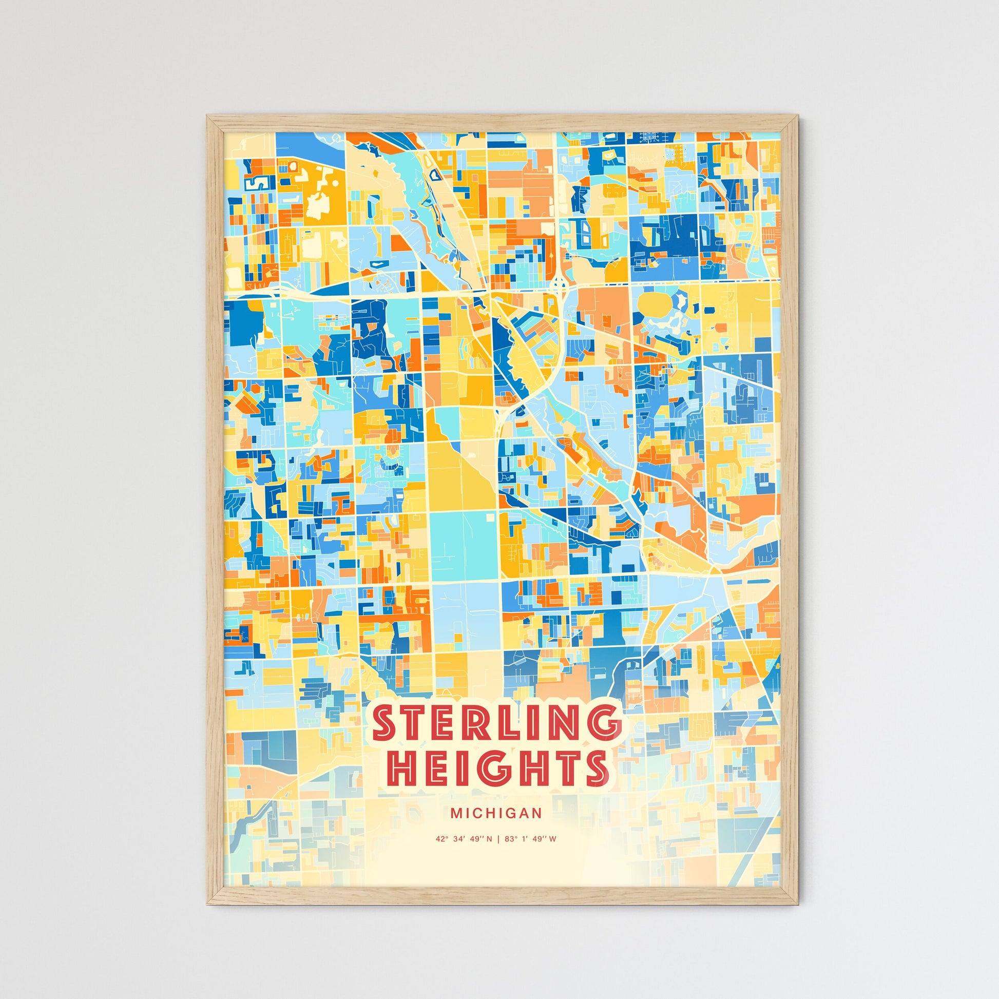 Colorful STERLING HEIGHTS MICHIGAN Fine Art Map Blue Orange