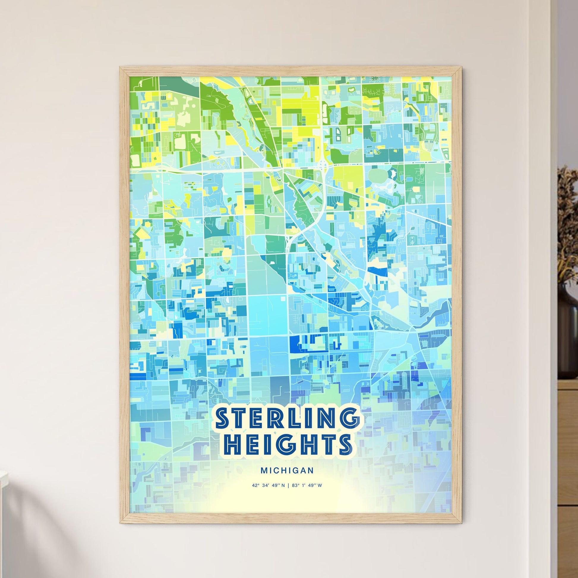 Colorful STERLING HEIGHTS MICHIGAN Fine Art Map Cool Blue