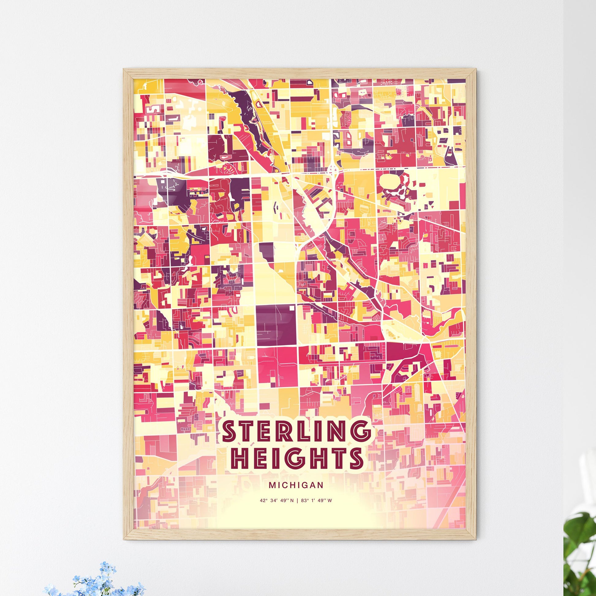 Colorful STERLING HEIGHTS MICHIGAN Fine Art Map Hot Red