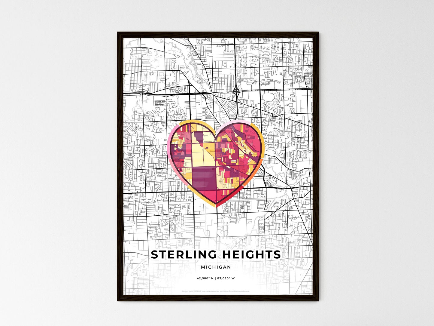 Sterling Heights Michigan wedding art map with heart icon