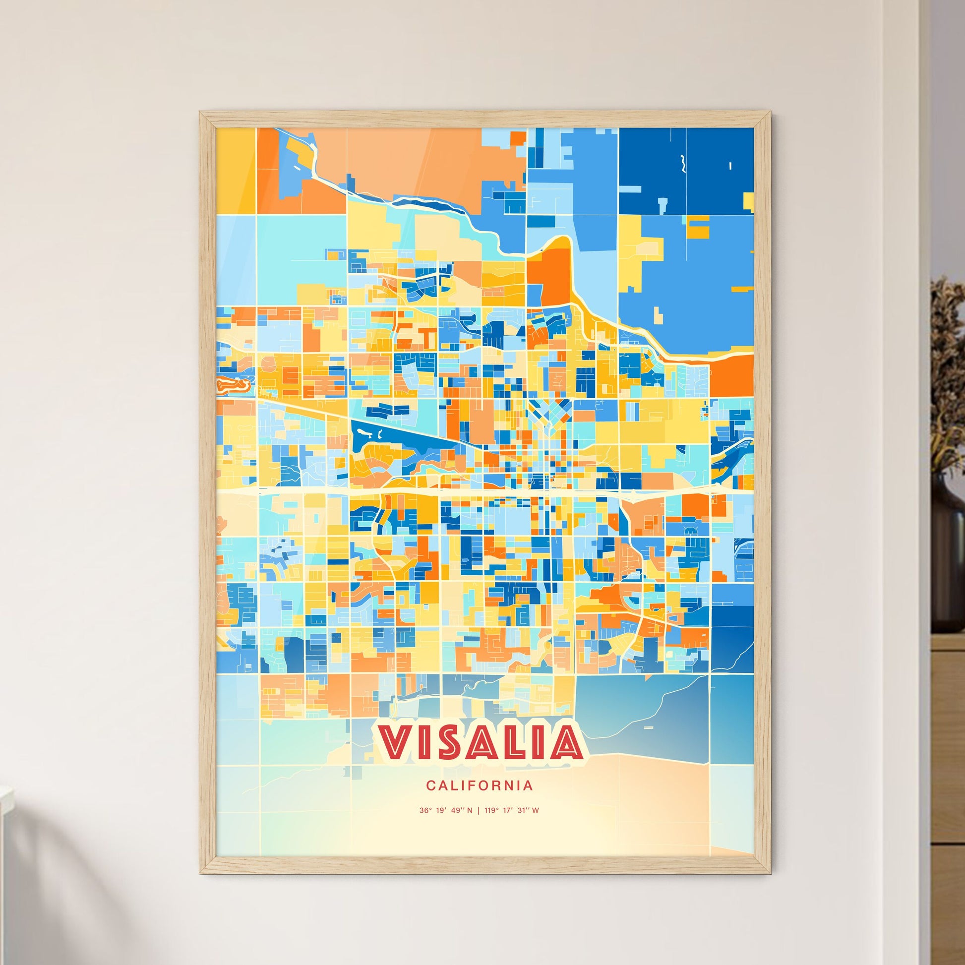 Colorful Visalia California Fine Art Map Blue Orange
