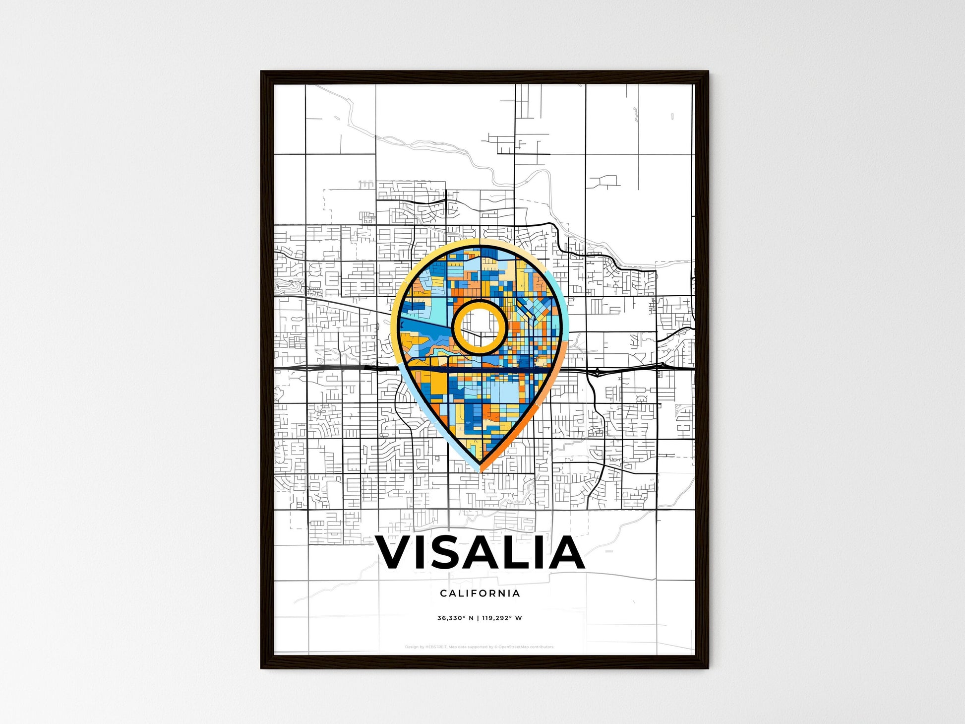 Visalia California wedding art map with pointer icon