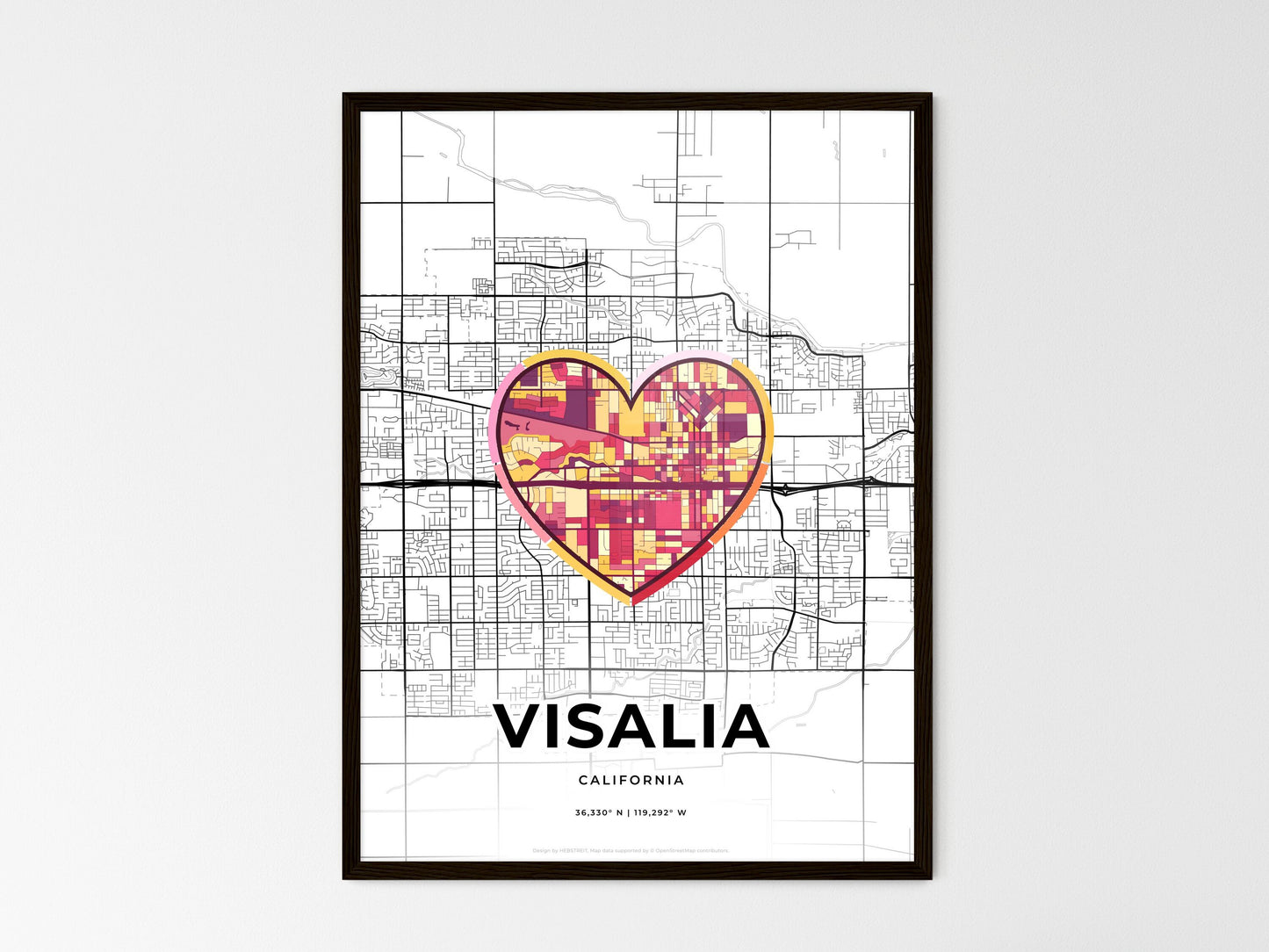 Visalia California wedding art map with heart icon