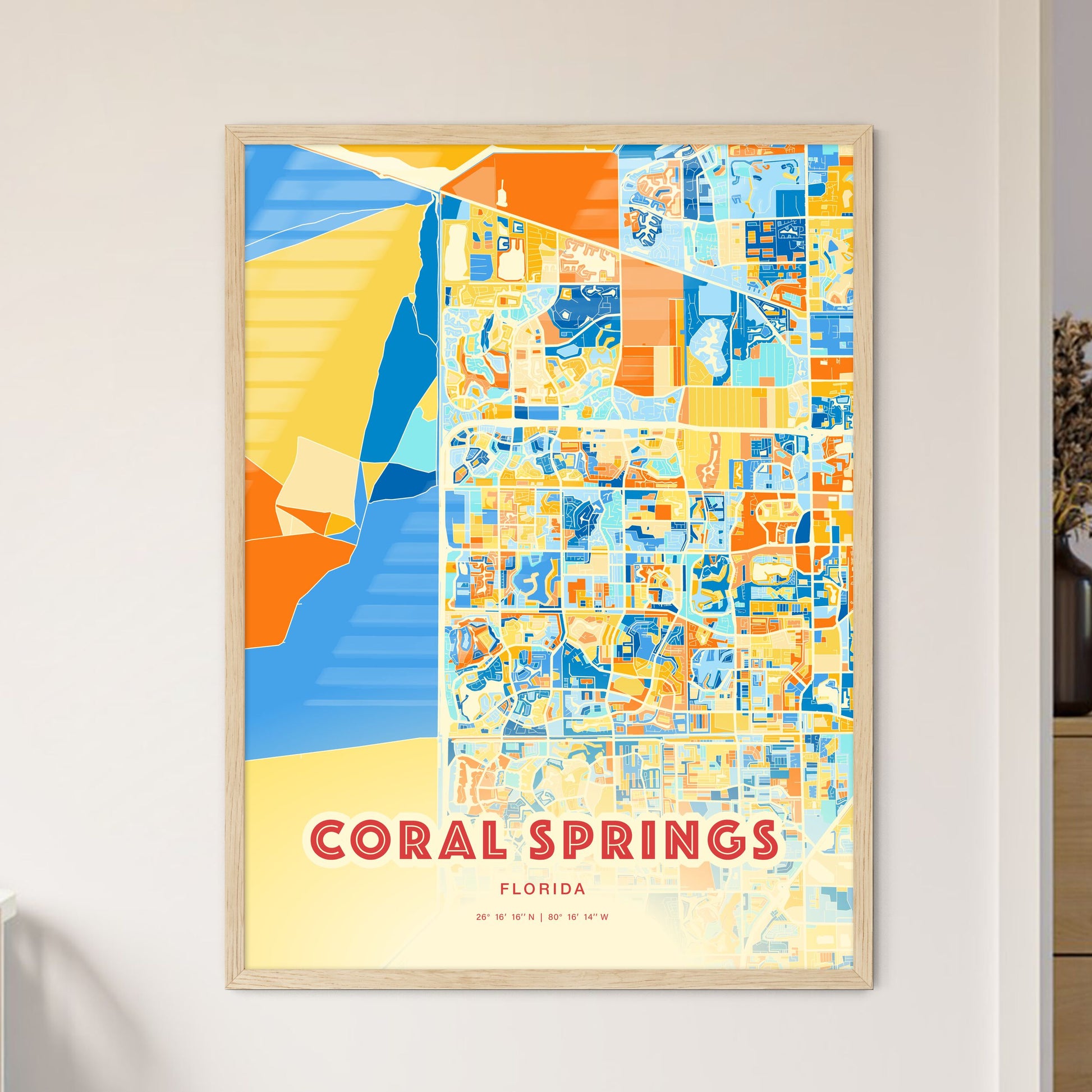 Colorful Coral Springs Florida Fine Art Map Blue Orange