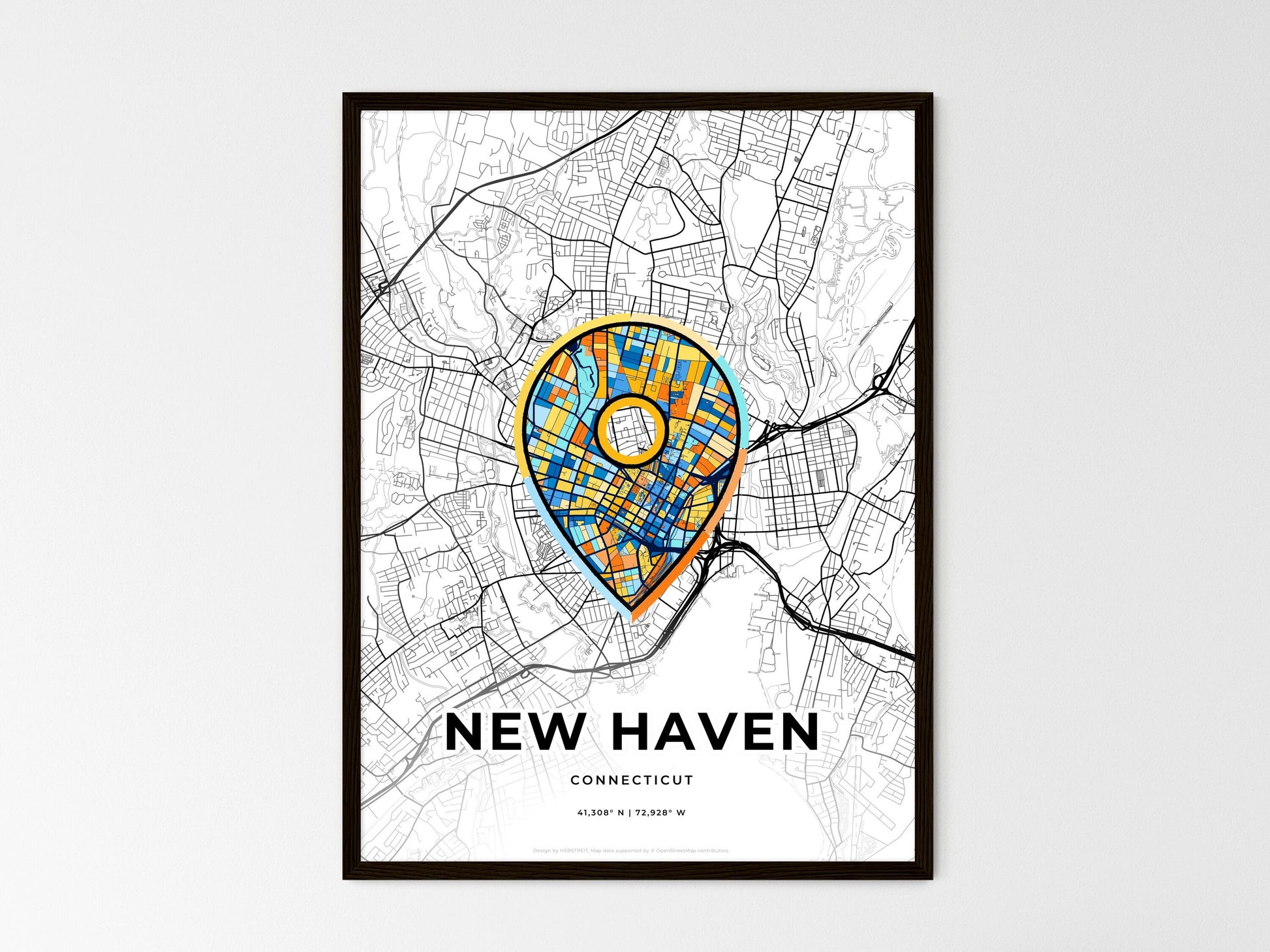 New Haven Connecticut wedding art map with pointer icon