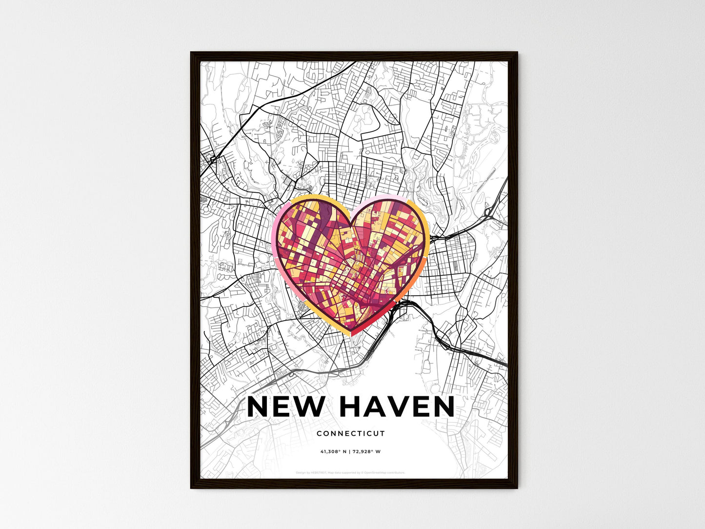 New Haven Connecticut wedding art map with heart icon
