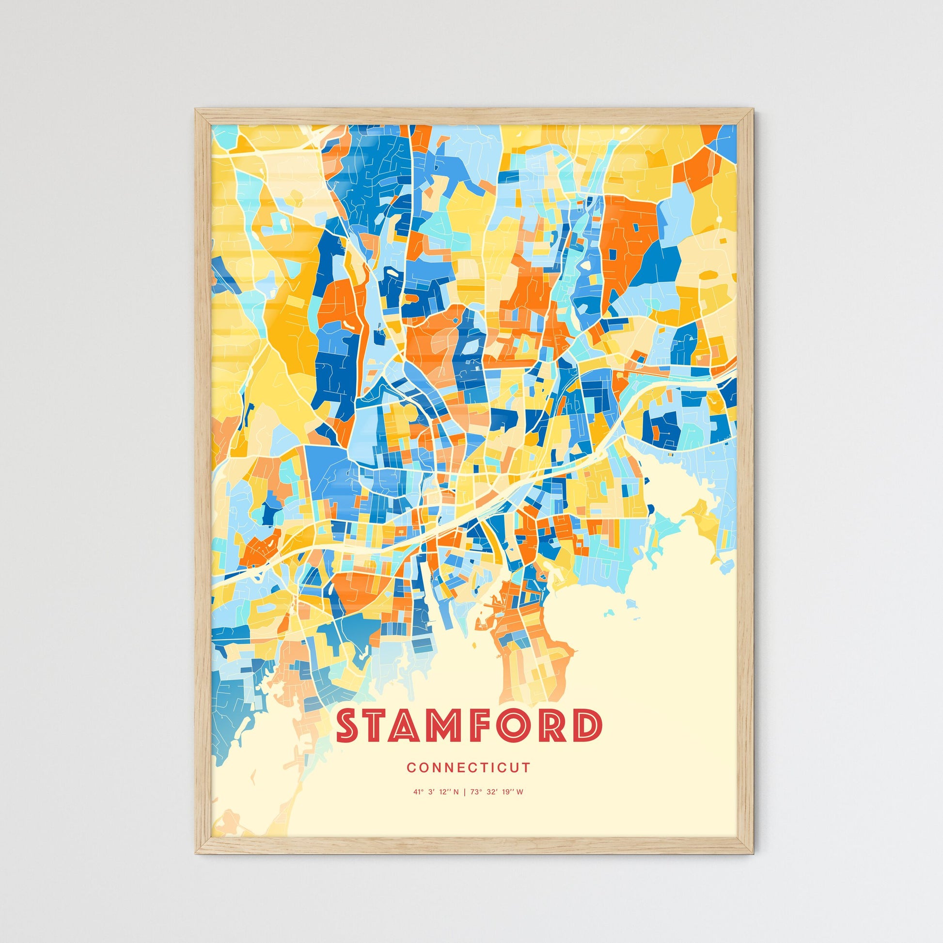 Colorful Stamford Connecticut Fine Art Map Blue Orange