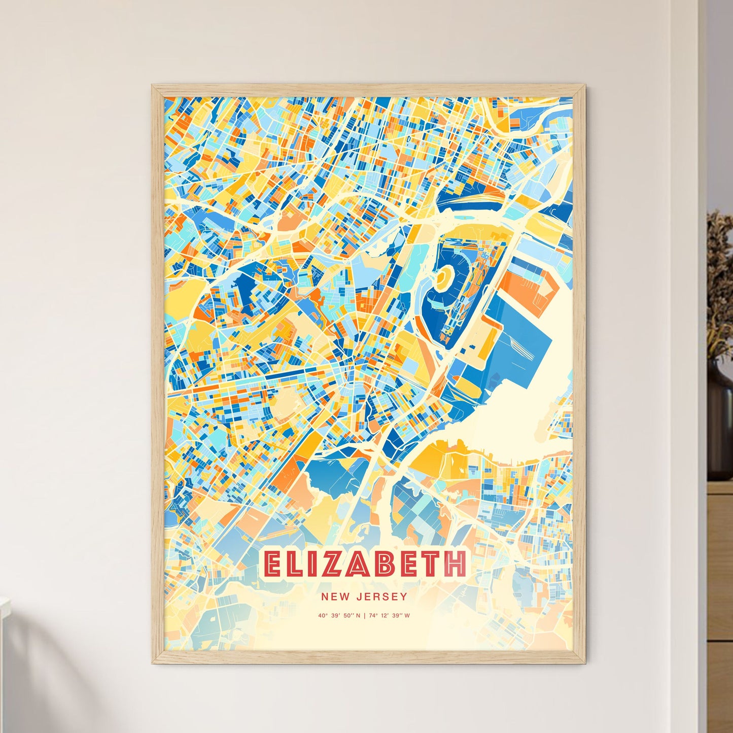 Colorful Elizabeth New Jersey Fine Art Map Blue Orange