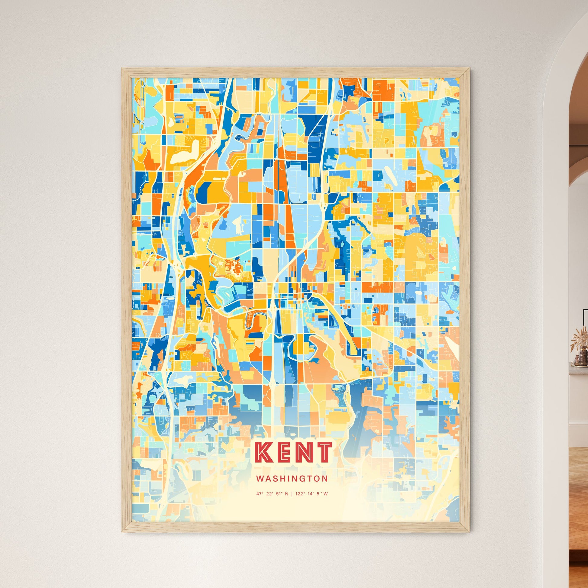 Colorful Kent Washington Fine Art Map Blue Orange