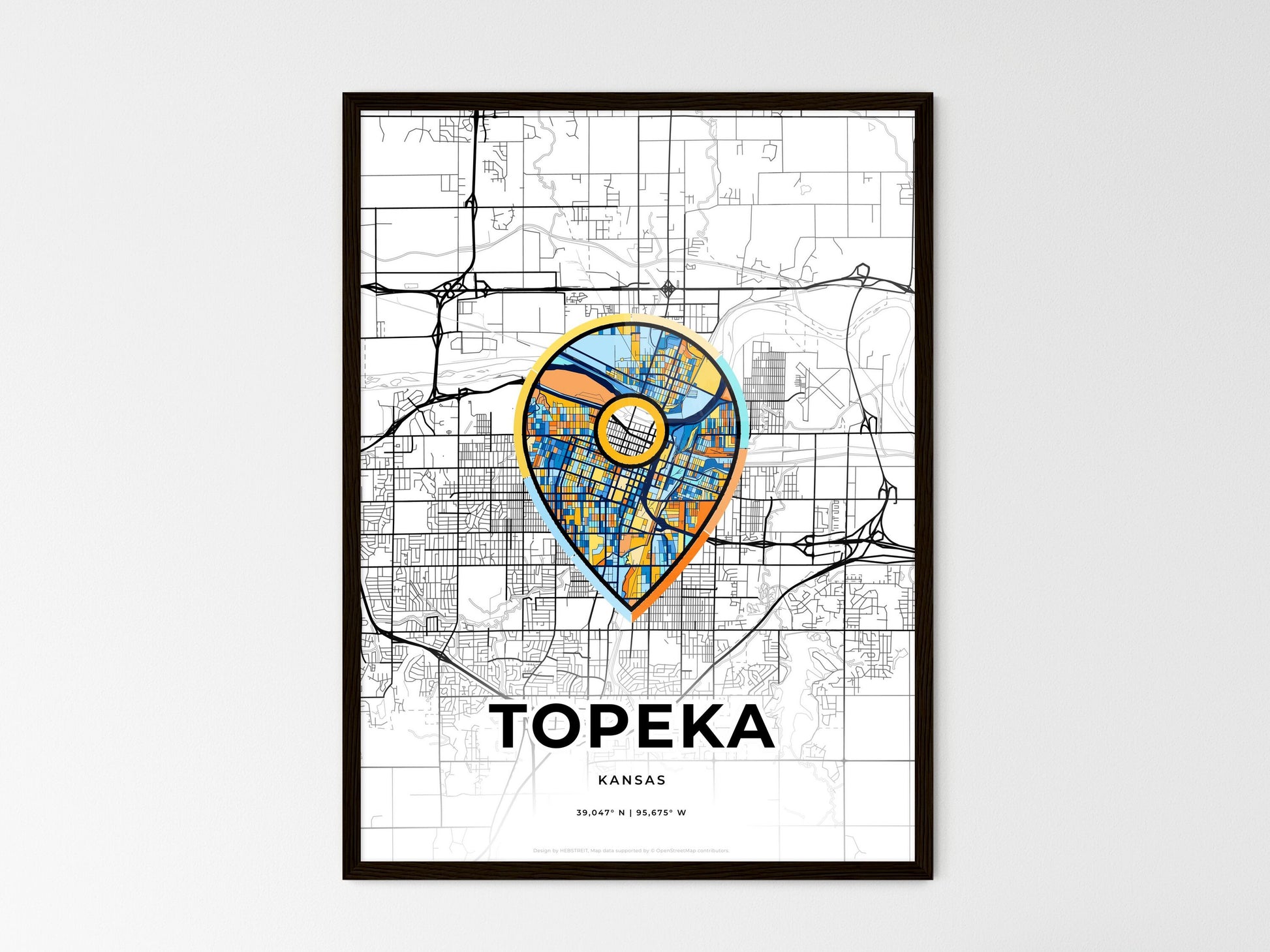 Topeka Kansas wedding art map with pointer icon