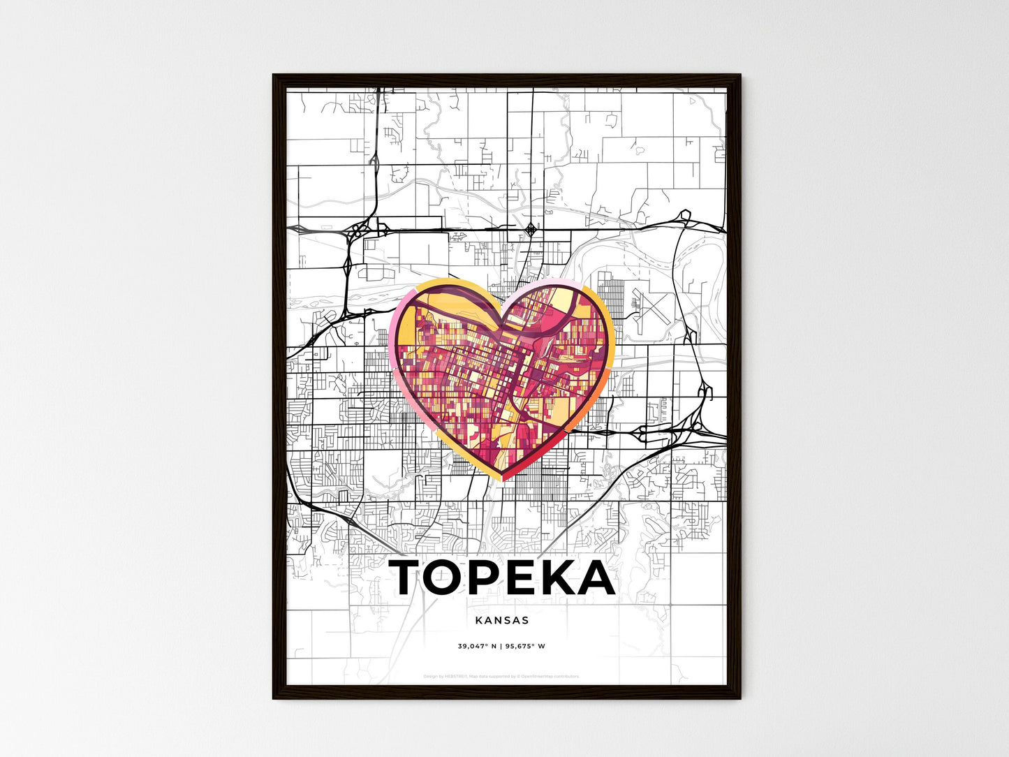 Topeka Kansas wedding art map with heart icon