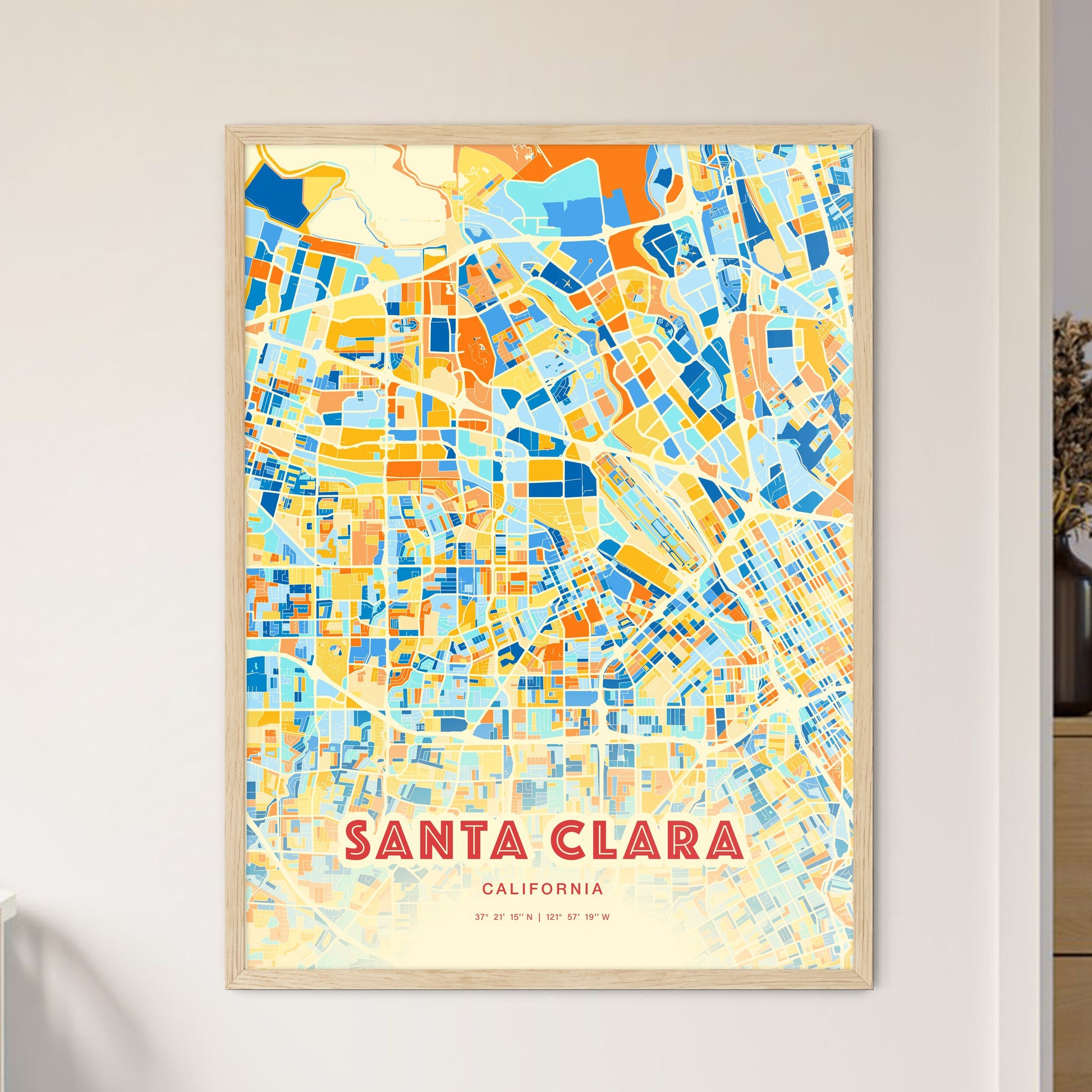 Colorful Santa Clara California Fine Art Map Blue Orange
